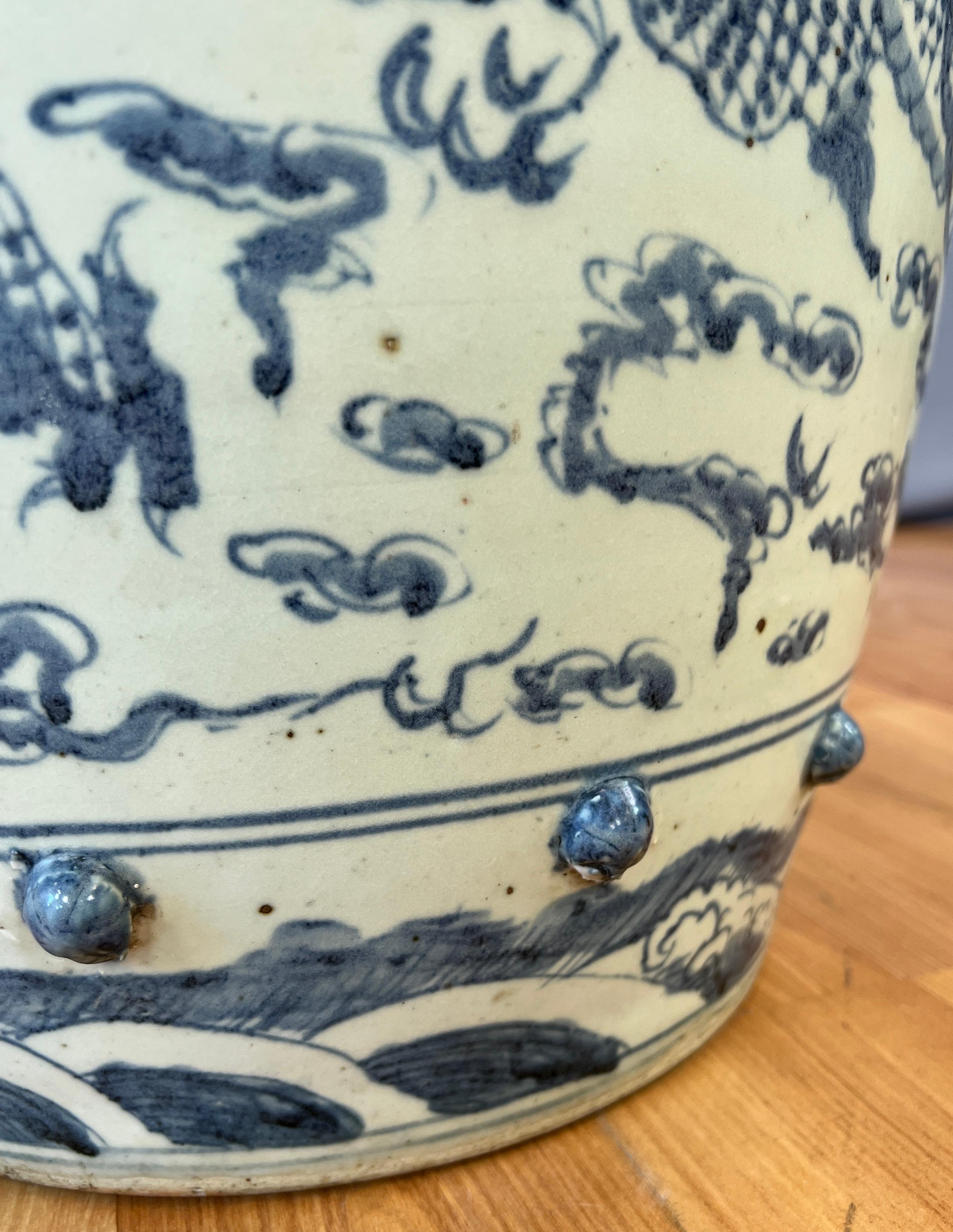 Pair of Ceramic Qing Dynasty Blue Dragon Stools 19th Century For Sale 10