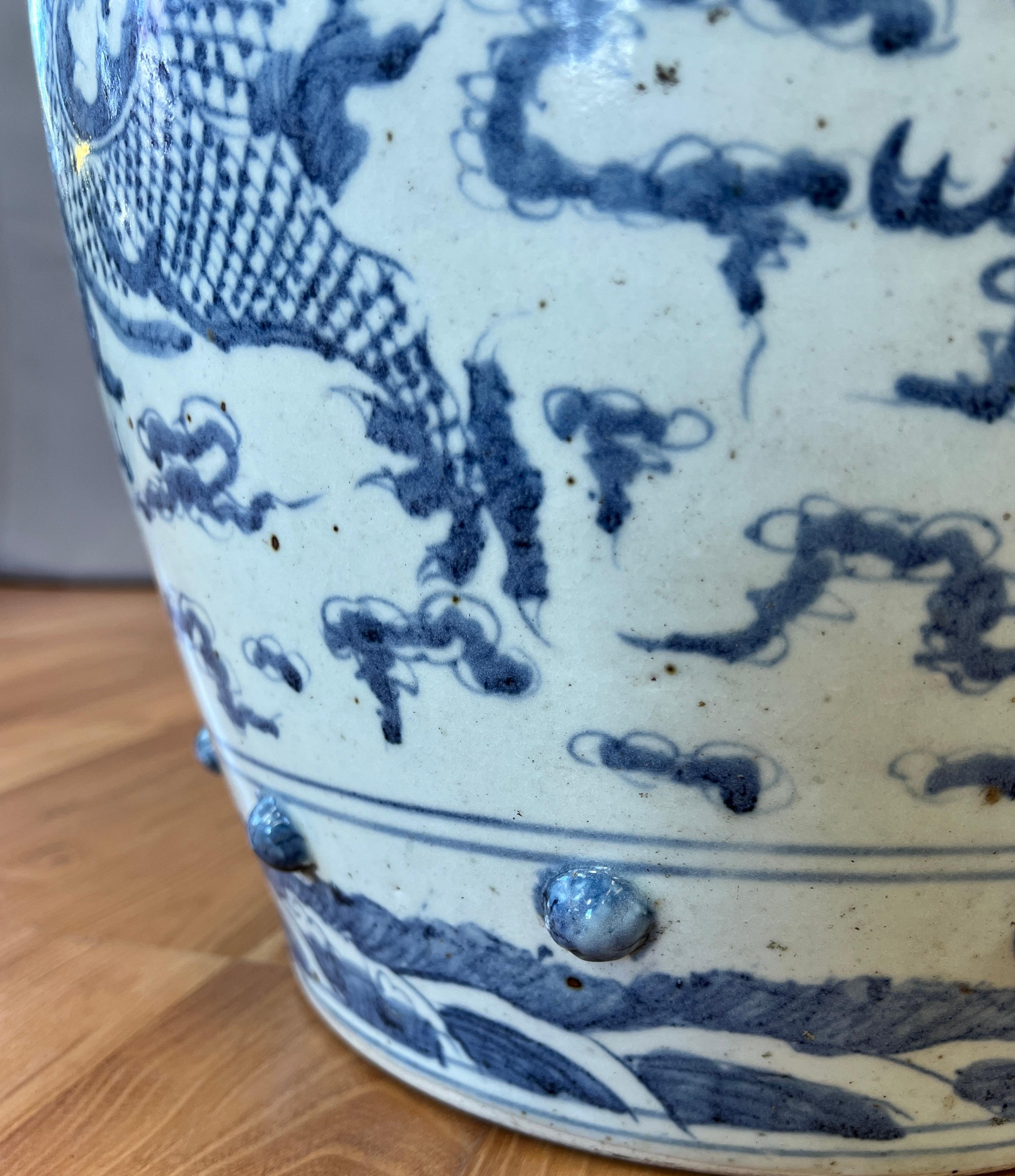 Pair of Ceramic Qing Dynasty Blue Dragon Stools 19th Century For Sale 11