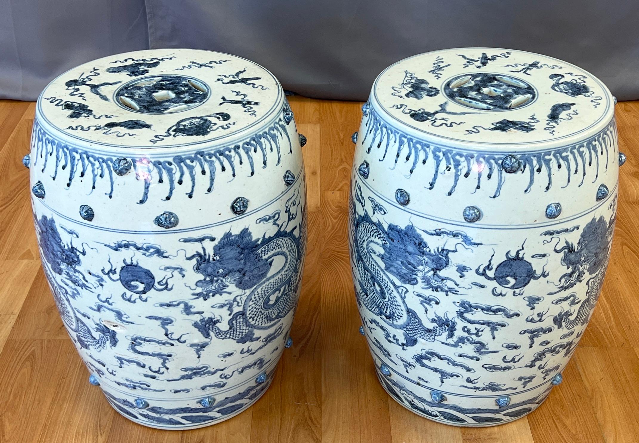 Pair of Ceramic Qing Dynasty Blue Dragon Stools 19th Century For Sale 15