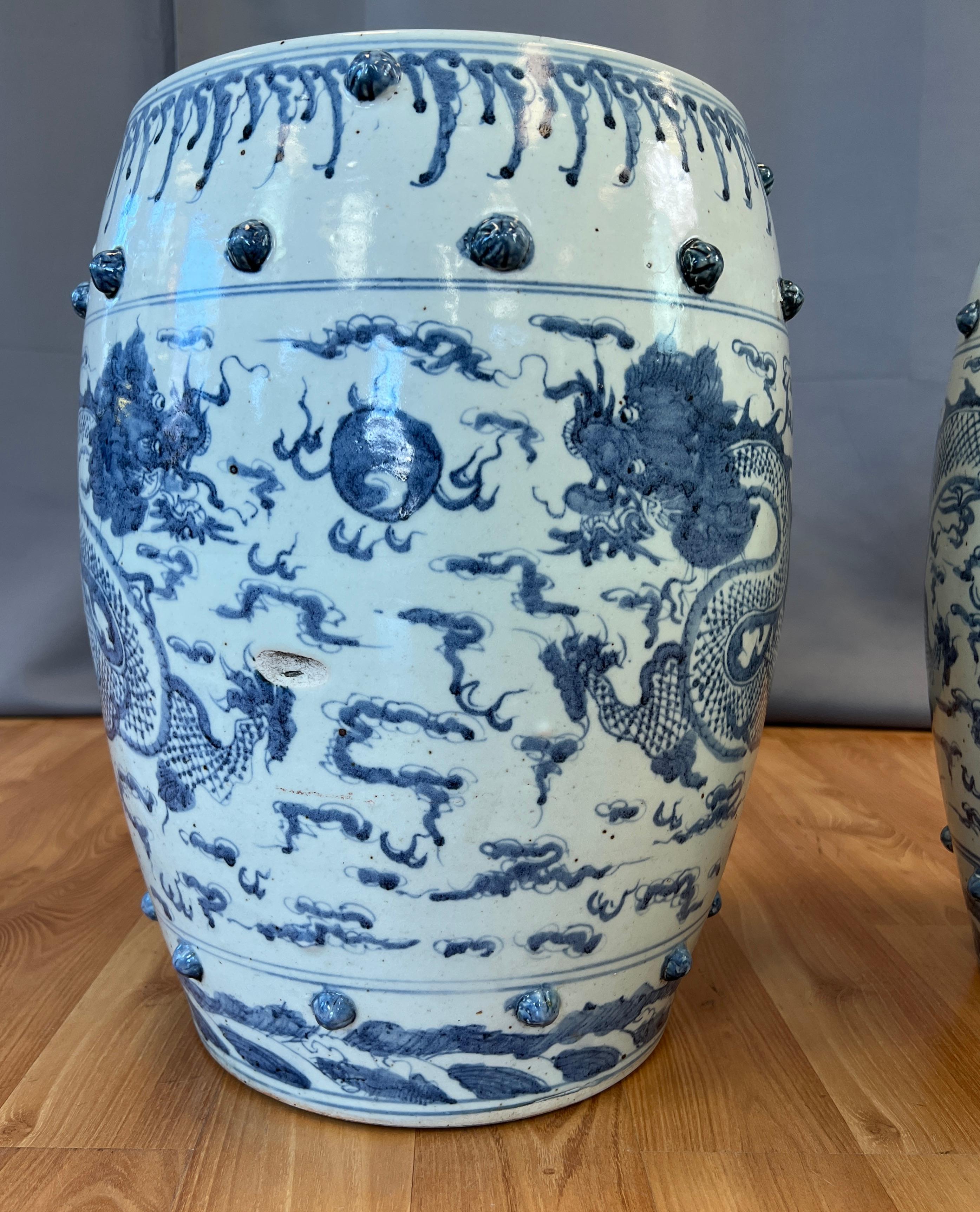 Chinese Pair of Ceramic Qing Dynasty Blue Dragon Stools 19th Century For Sale