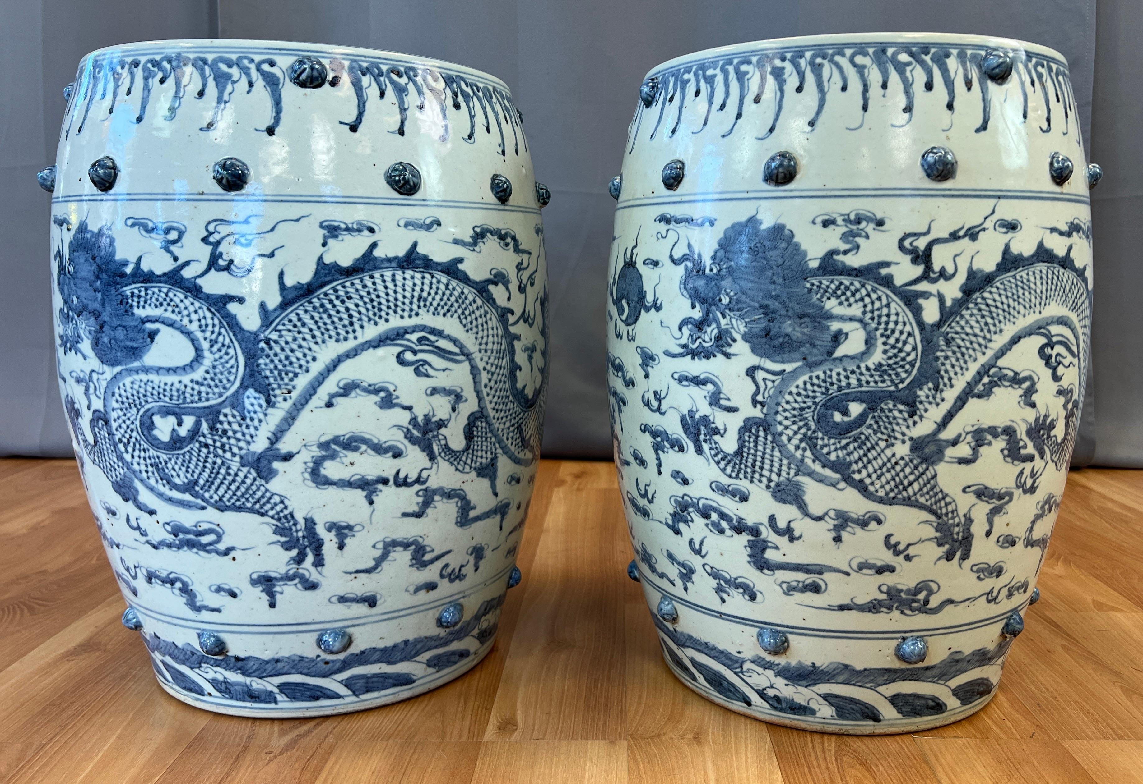 Pair of Ceramic Qing Dynasty Blue Dragon Stools 19th Century For Sale 1