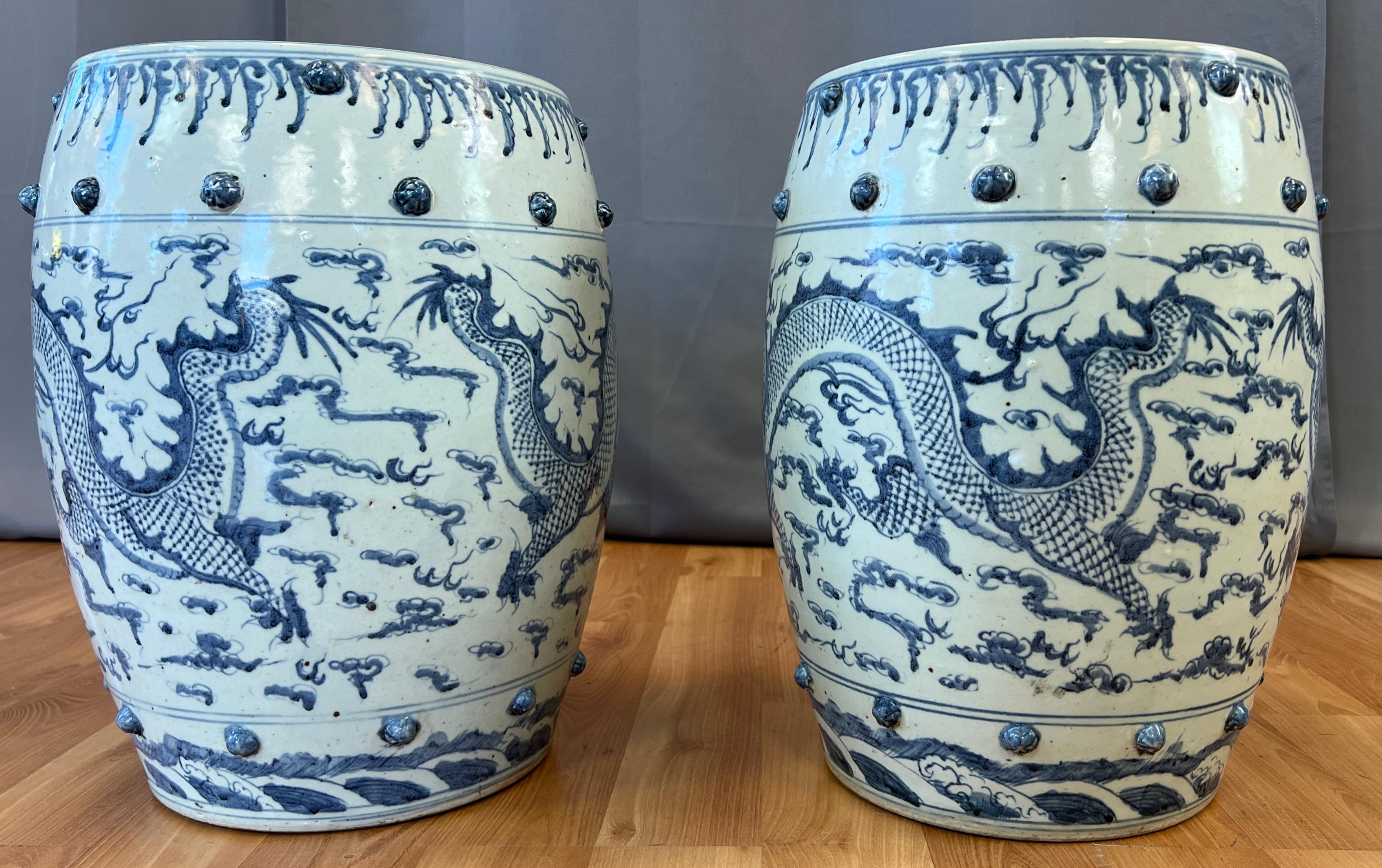 Pair of Ceramic Qing Dynasty Blue Dragon Stools 19th Century For Sale 2
