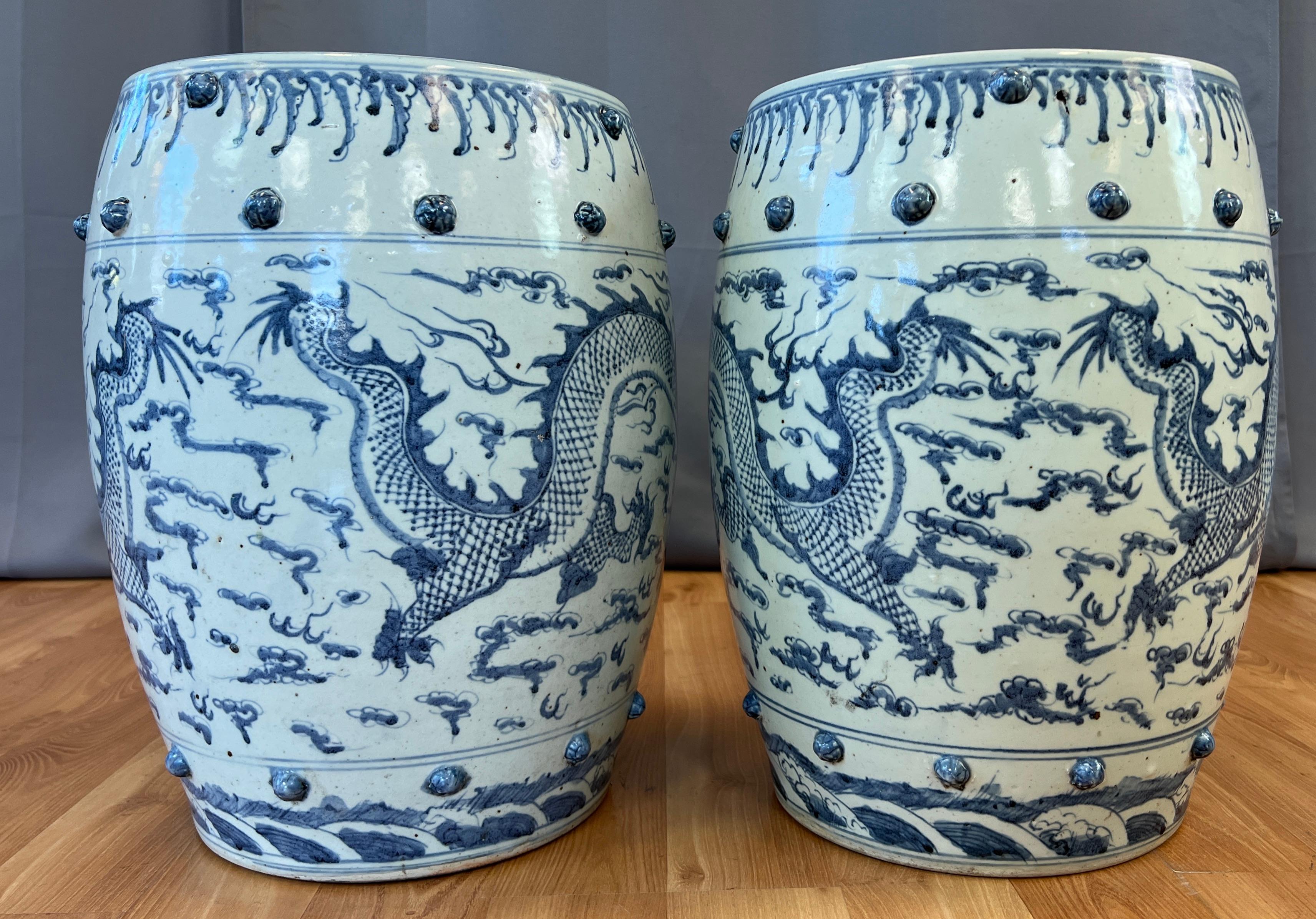 Pair of Ceramic Qing Dynasty Blue Dragon Stools 19th Century For Sale 3