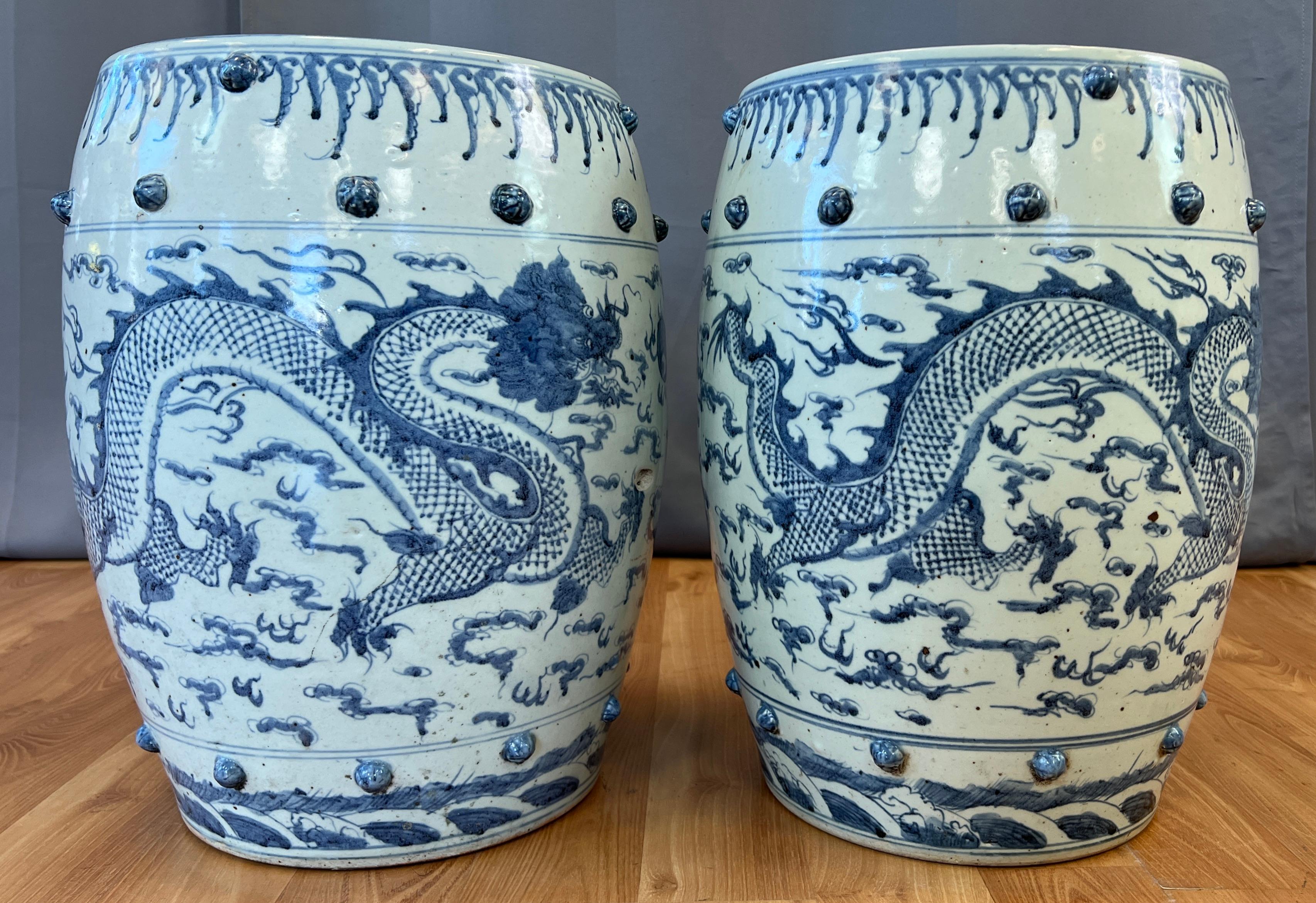 Pair of Ceramic Qing Dynasty Blue Dragon Stools 19th Century For Sale 4