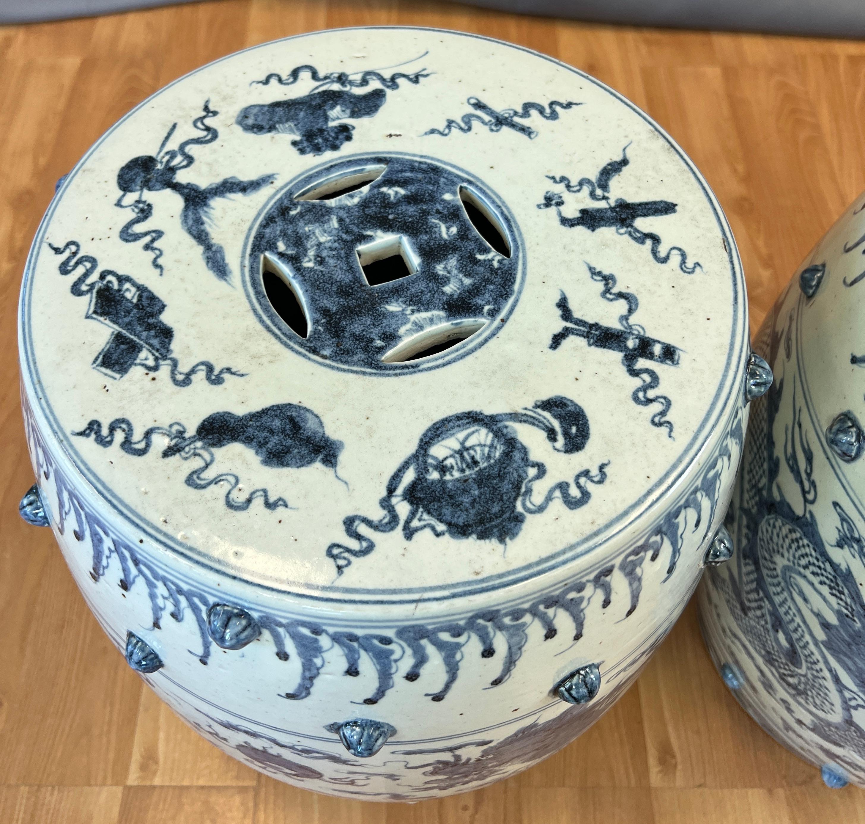 Pair of Ceramic Qing Dynasty Blue Dragon Stools 19th Century For Sale 5