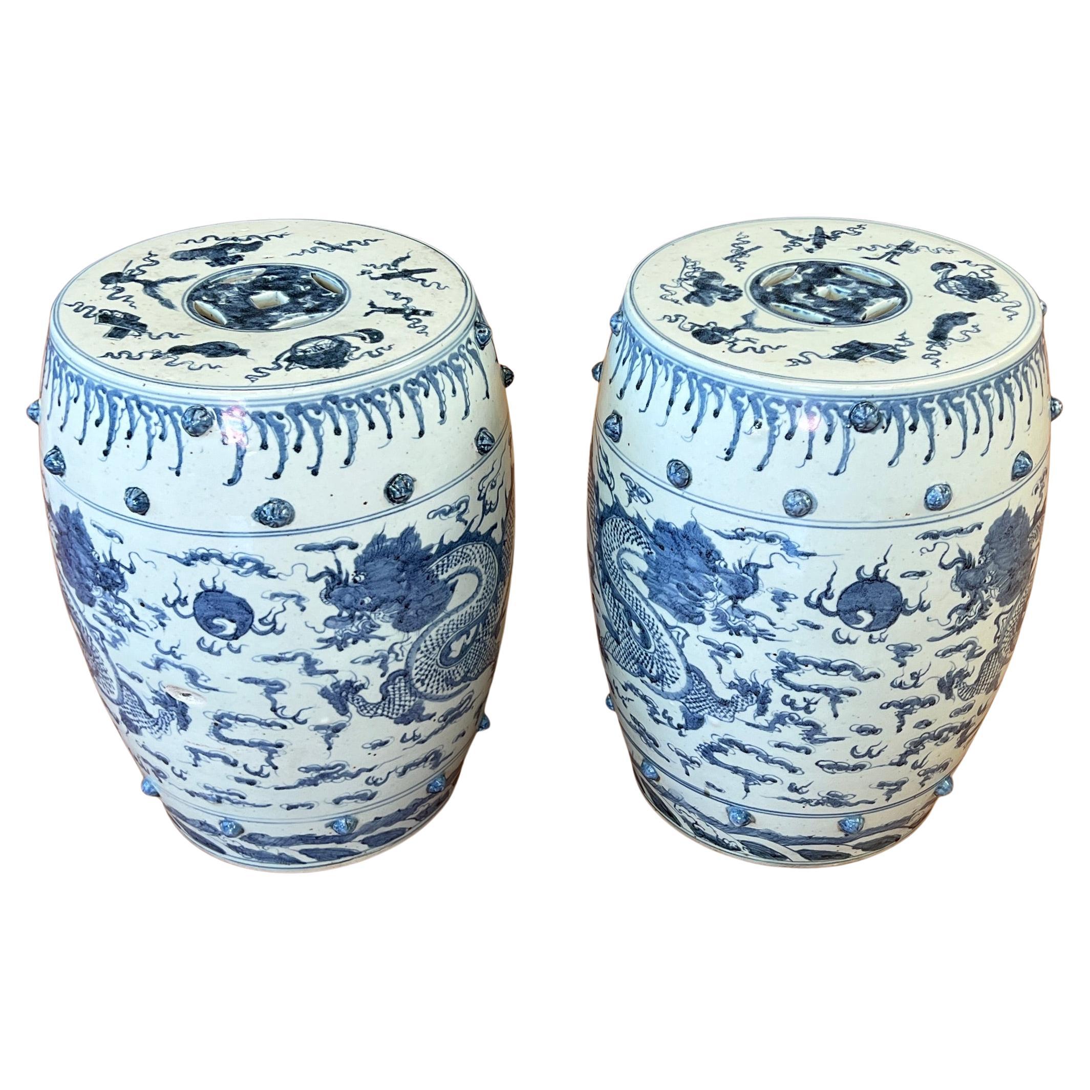 Pair of Ceramic Qing Dynasty Blue Dragon Stools 19th Century For Sale