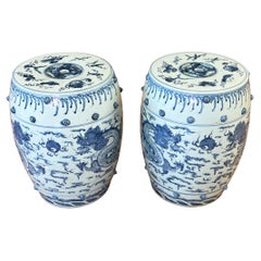 Pair of Ceramic Qing Dynasty Blue Dragon Stools 19th Century