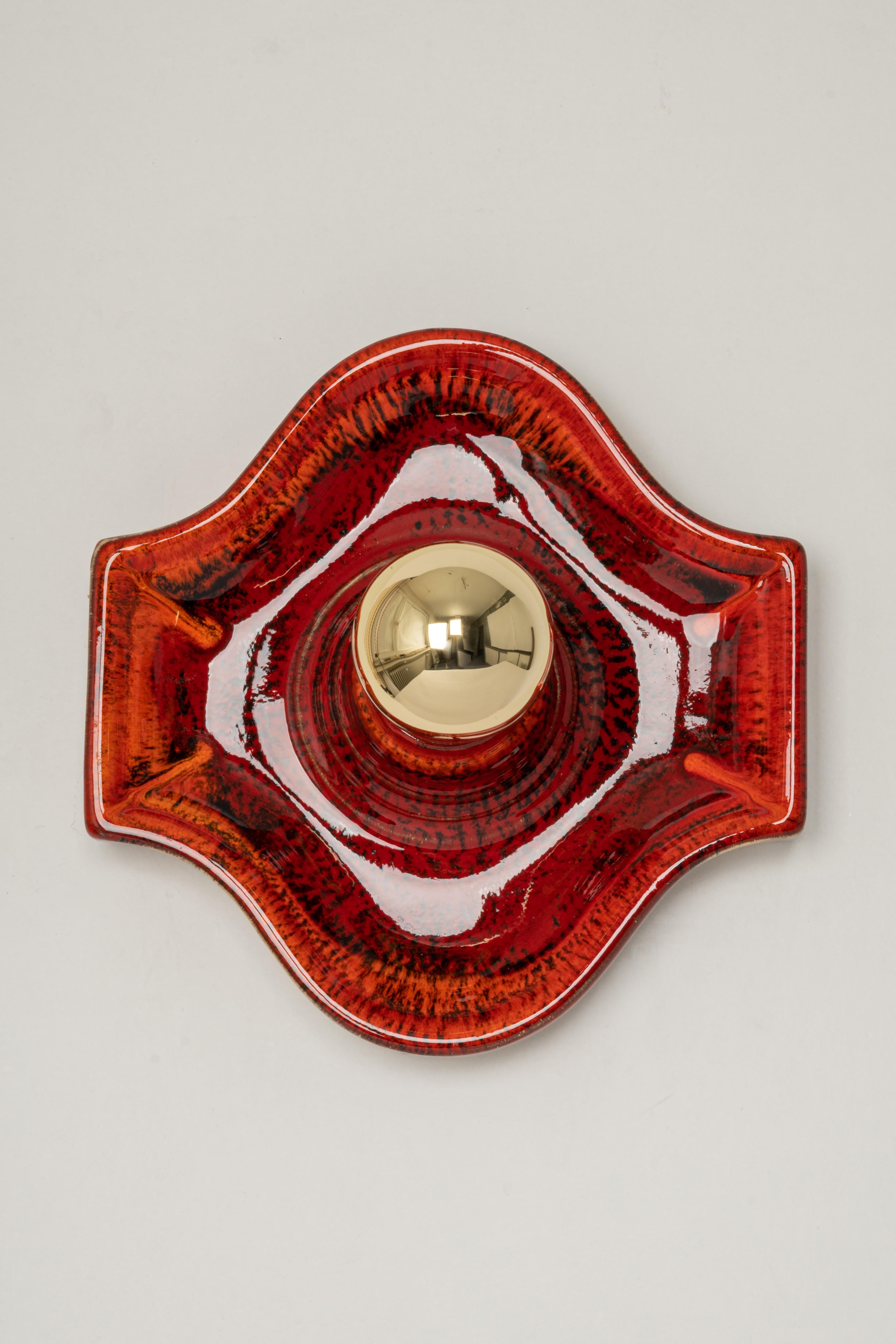 Reserved for Jessica/ 1 of 3 Ceramic Red and Orange Wall Lights, Germany, 1970s 2