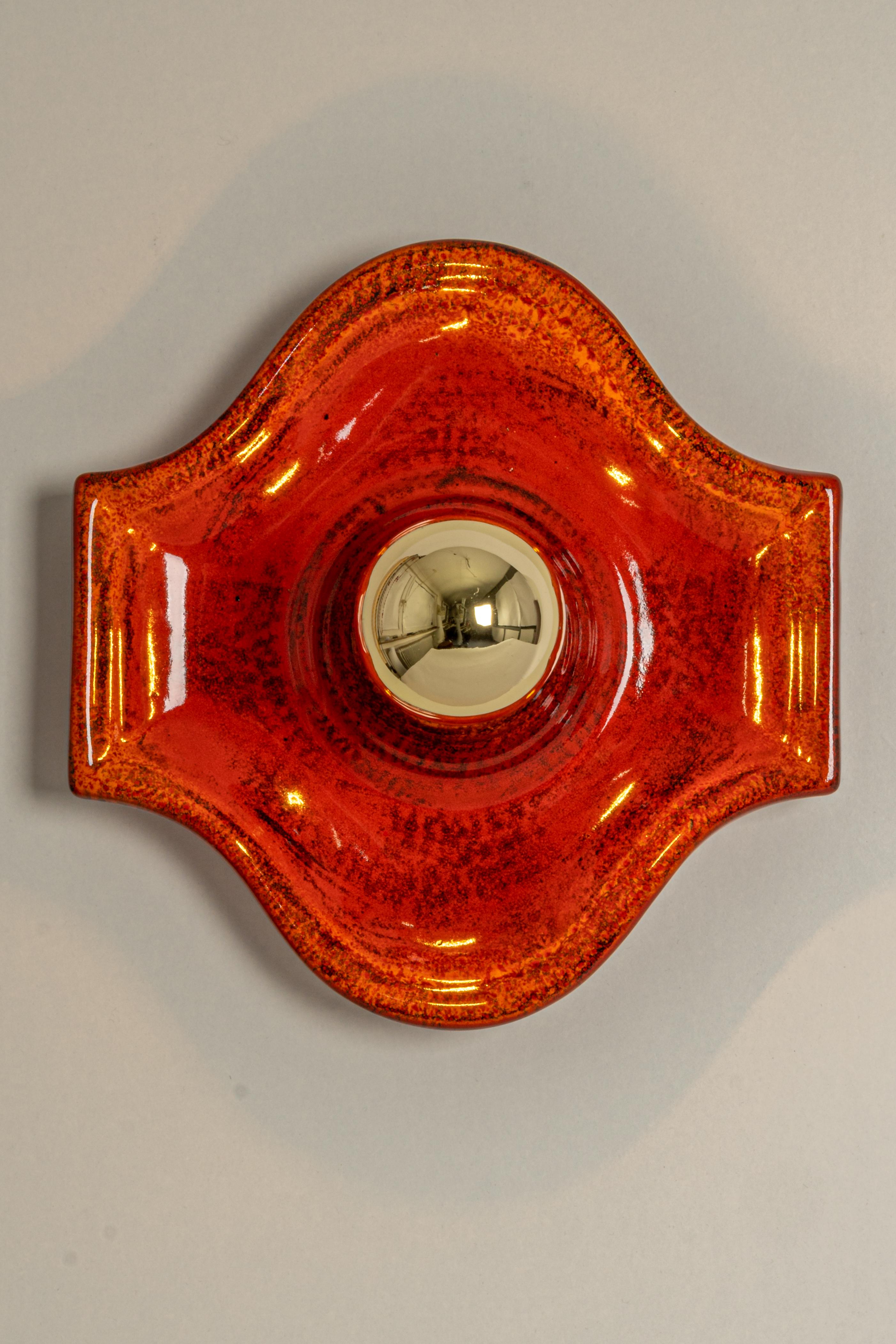 Set of 3 Ceramic Red and Orange Wall Light Sputnik, Germany, 1970s For Sale 3