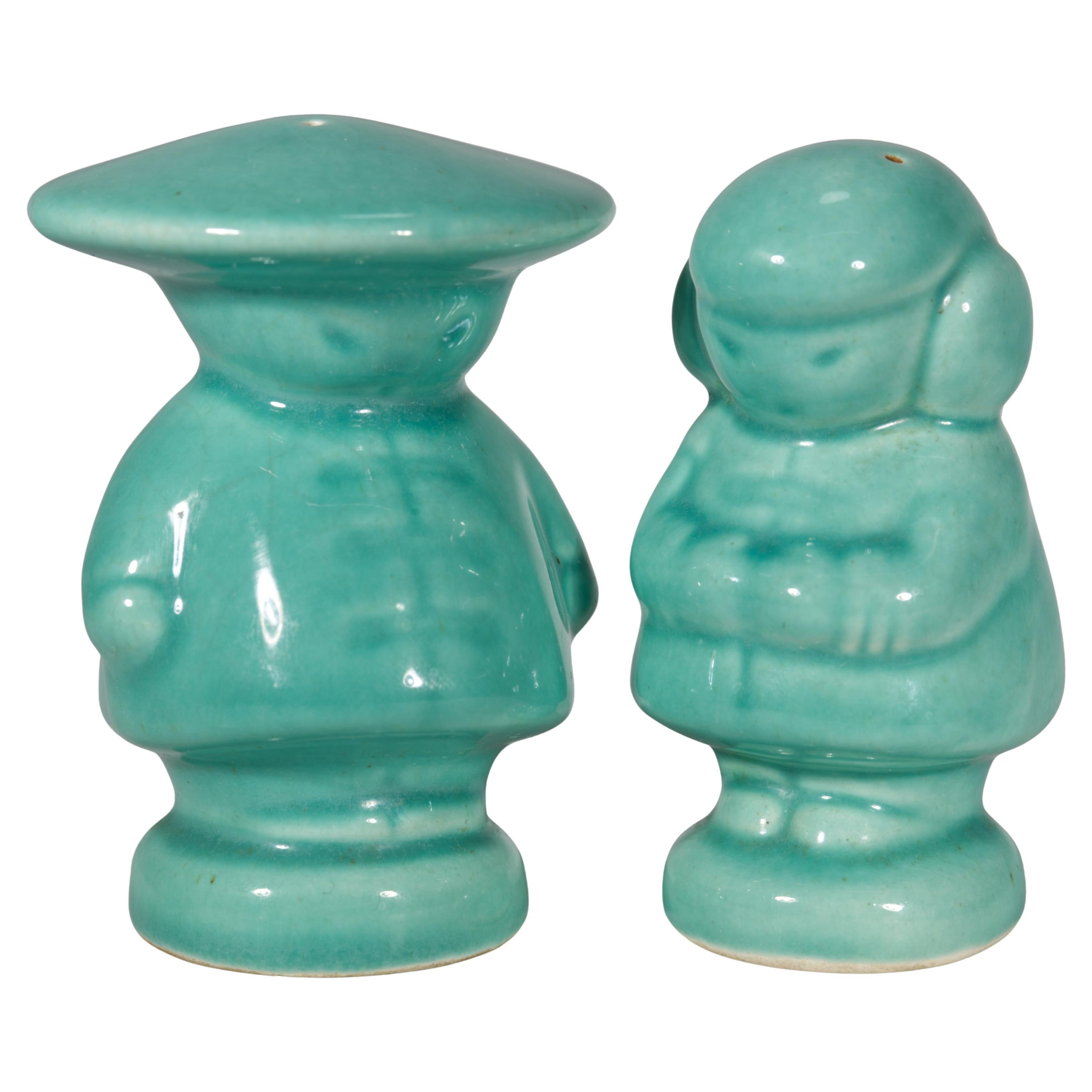 Pair of Ceramic Salt & Pepper Shakers Asian Boy Girl Celadon Glaze