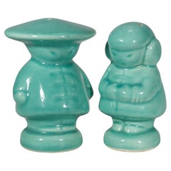 Pair of Ceramic Salt & Pepper Shakers Asian Boy Girl Celadon Glaze