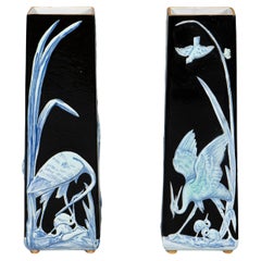Pair of Ceramic Sarreguemines Vases with Floral and Heron Design, France, 1900