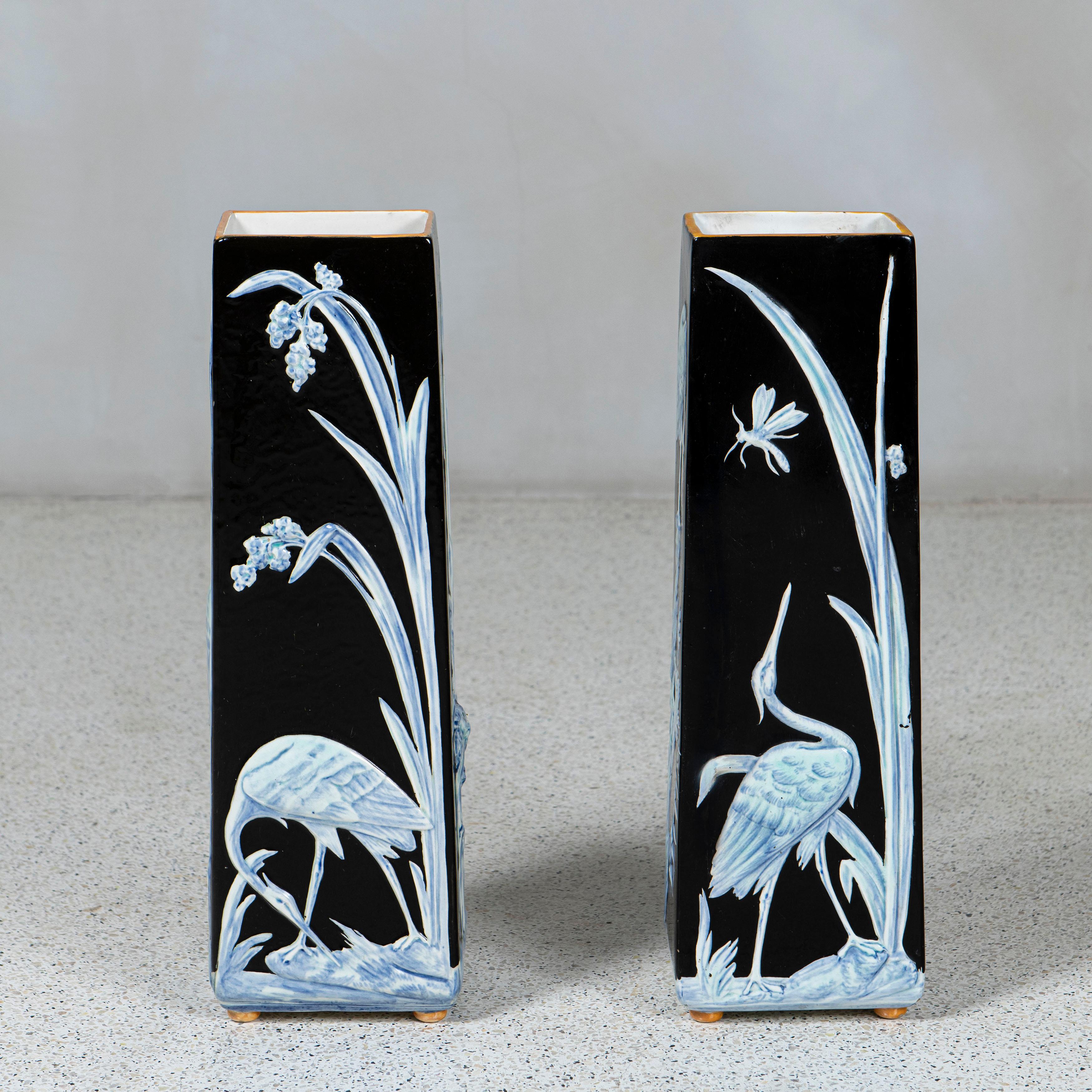 Art Nouveau Pair of Ceramic Sarreguemines Vases with Floral and Heron Design, France, 1900 For Sale