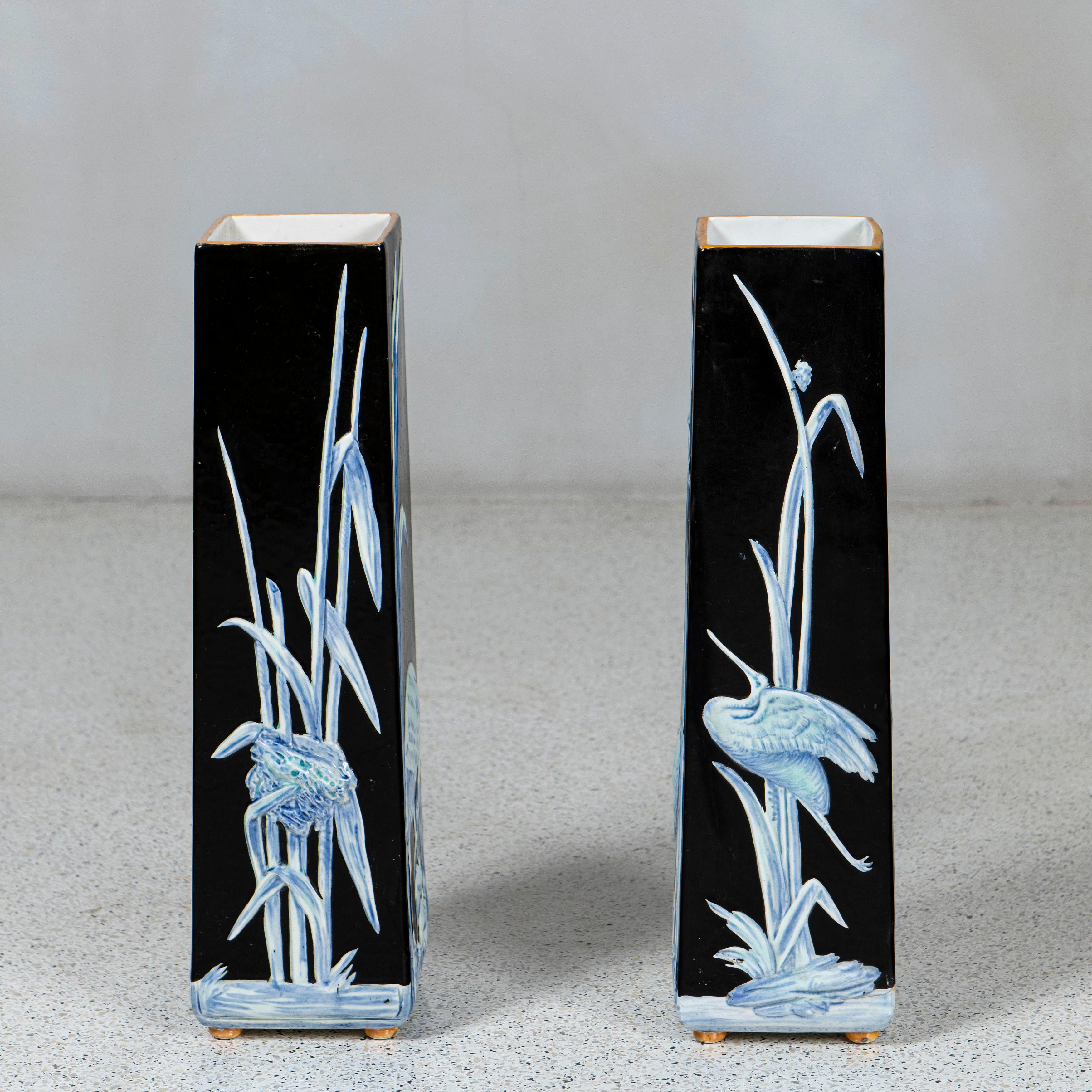 French Pair of Ceramic Sarreguemines Vases with Floral and Heron Design, France, 1900 For Sale
