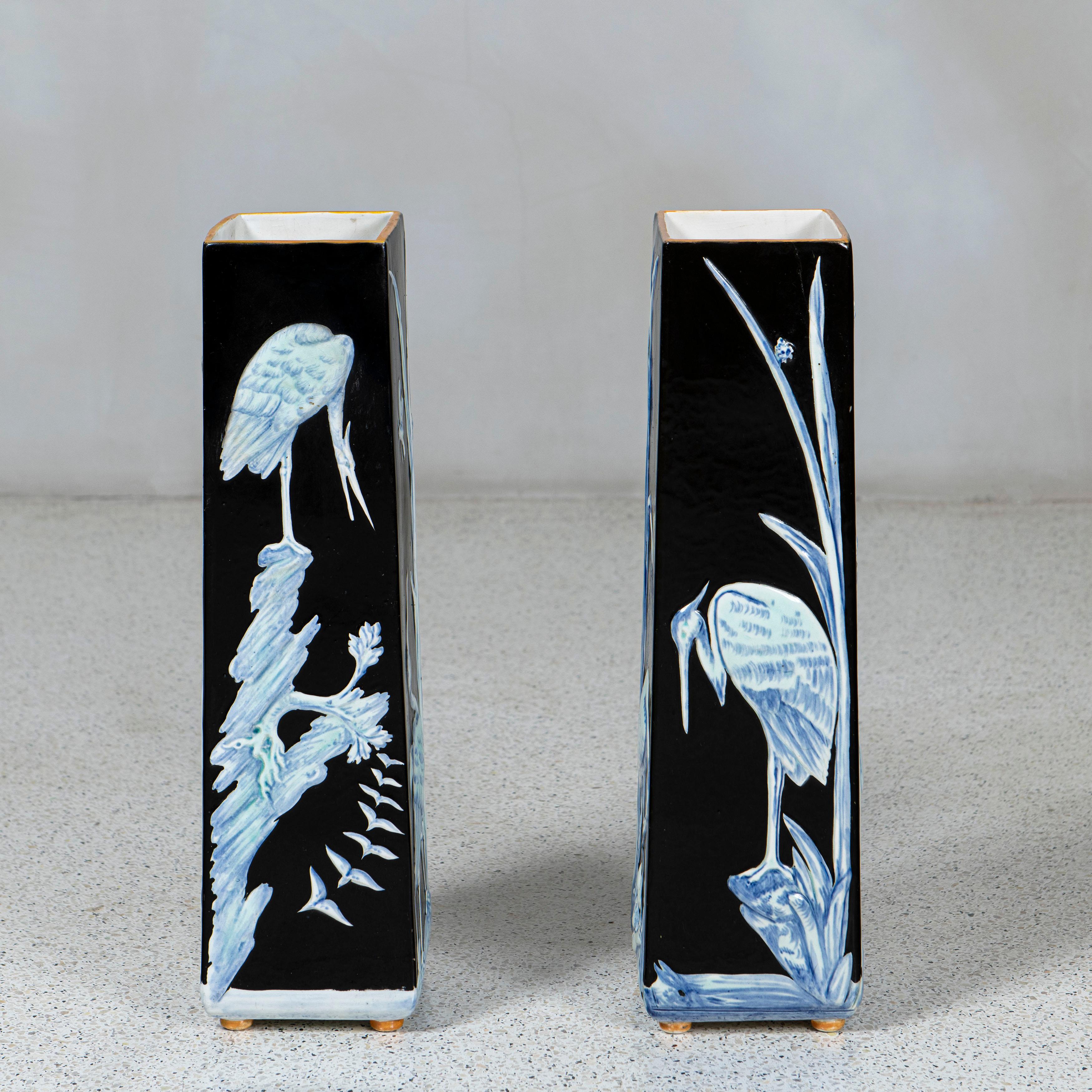 Painted Pair of Ceramic Sarreguemines Vases with Floral and Heron Design, France, 1900 For Sale