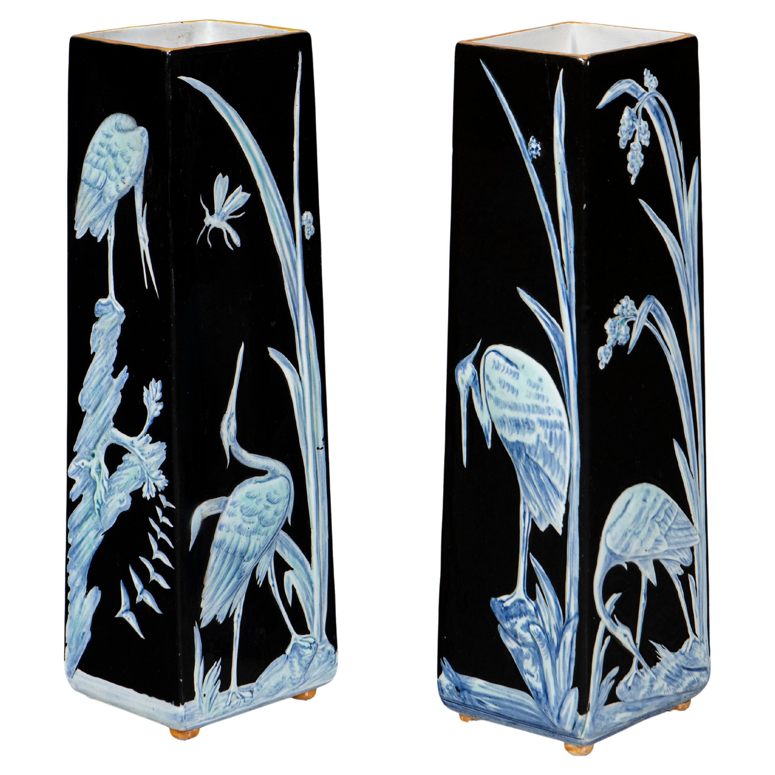 Pair of Ceramic Sarreguemines Vases with Floral and Heron Design, France, 1900 For Sale