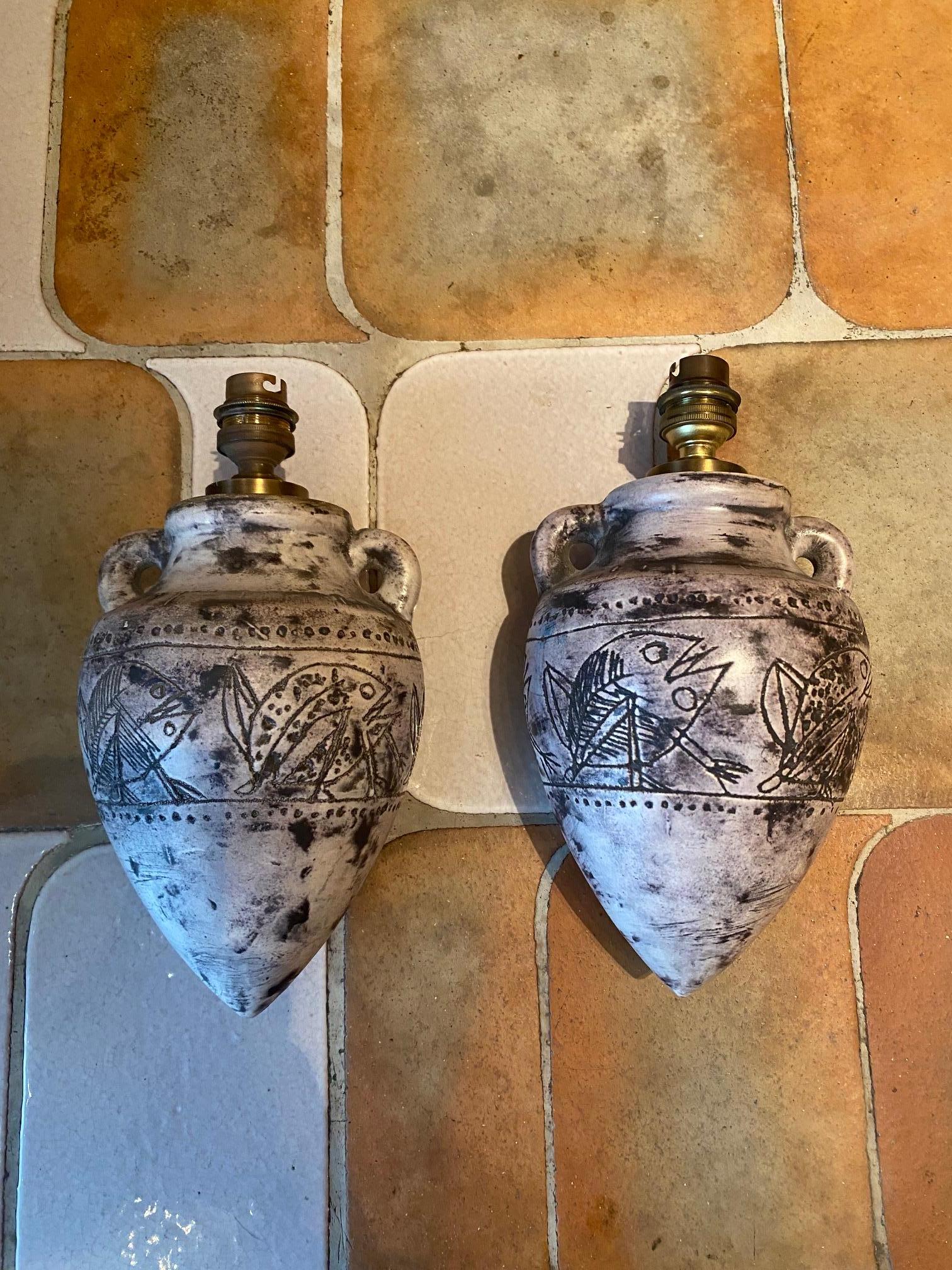 French Pair of ceramic sconces by Jacques Blin, France, 1960s For Sale