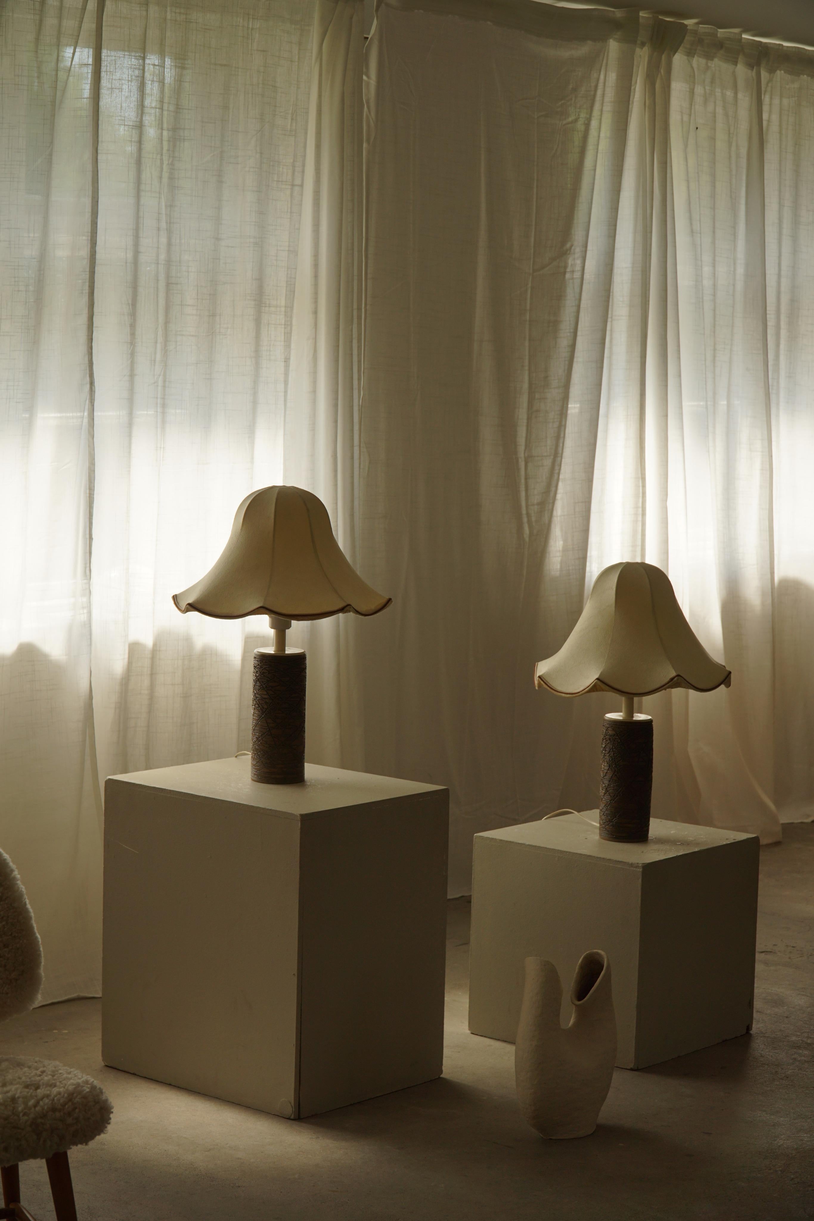 Art Deco Pair of Ceramic & Silk Shade Table Lamps, Swedish Mid-Century Modern, 1960s