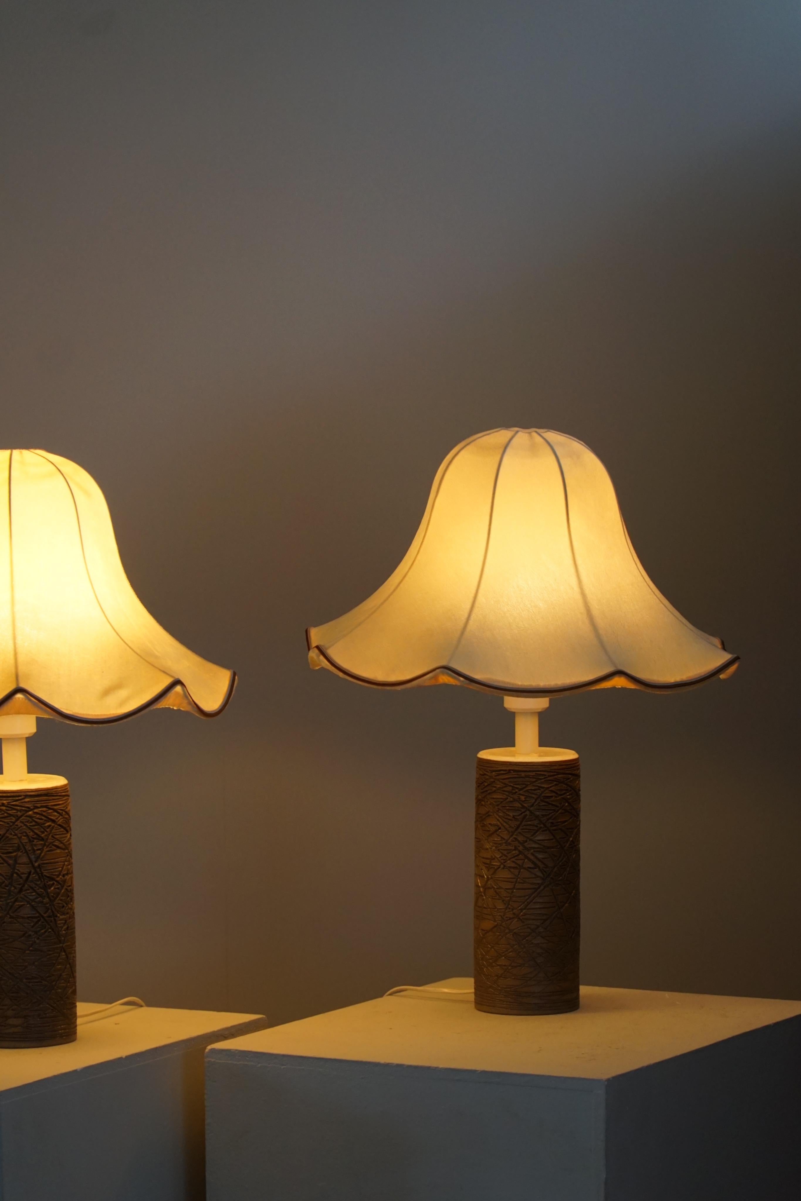 Pair of Ceramic & Silk Shade Table Lamps, Swedish Mid-Century Modern, 1960s In Good Condition In Odense, DK