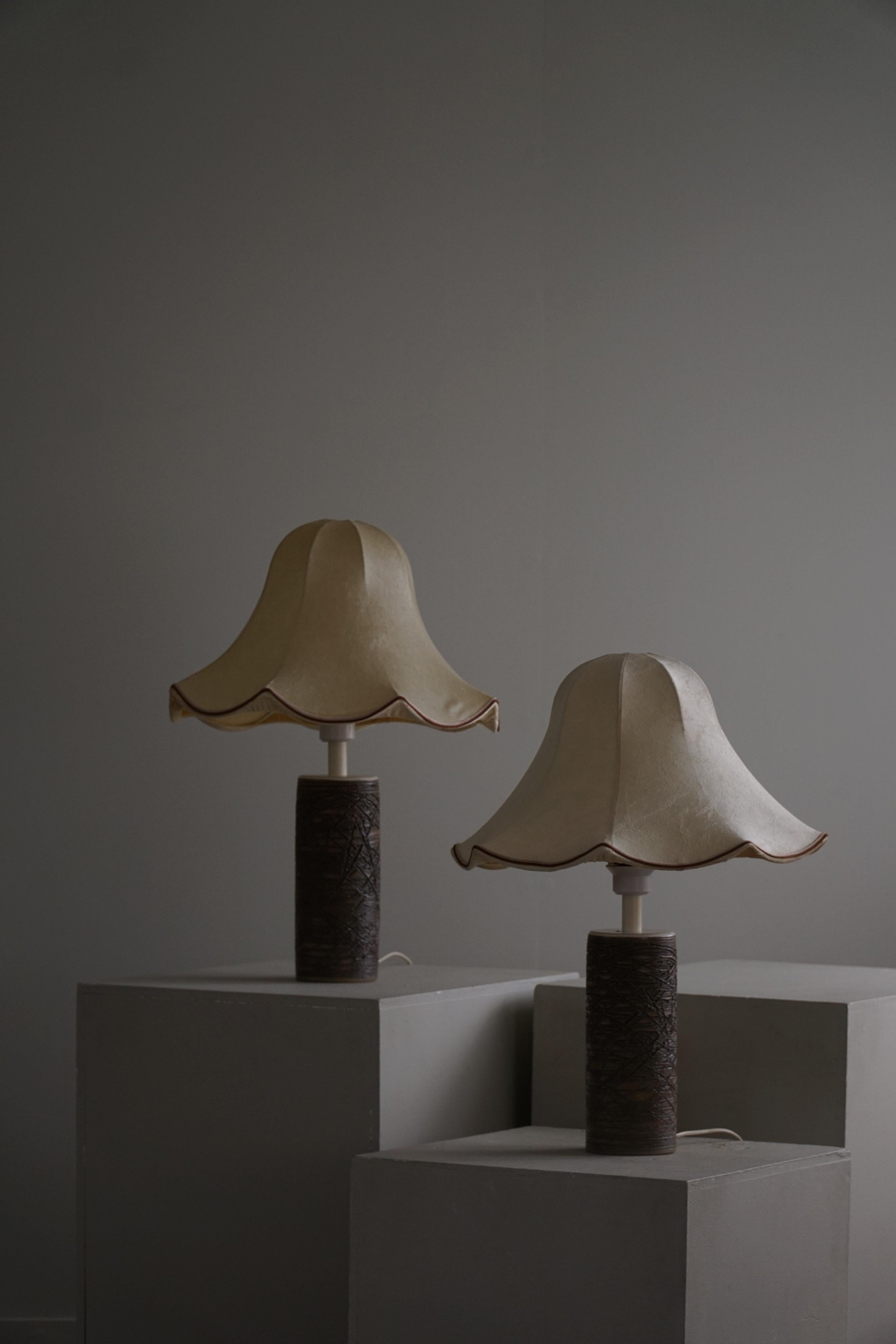Pair of Ceramic & Silk Shade Table Lamps, Swedish Mid-Century Modern, 1960s 2
