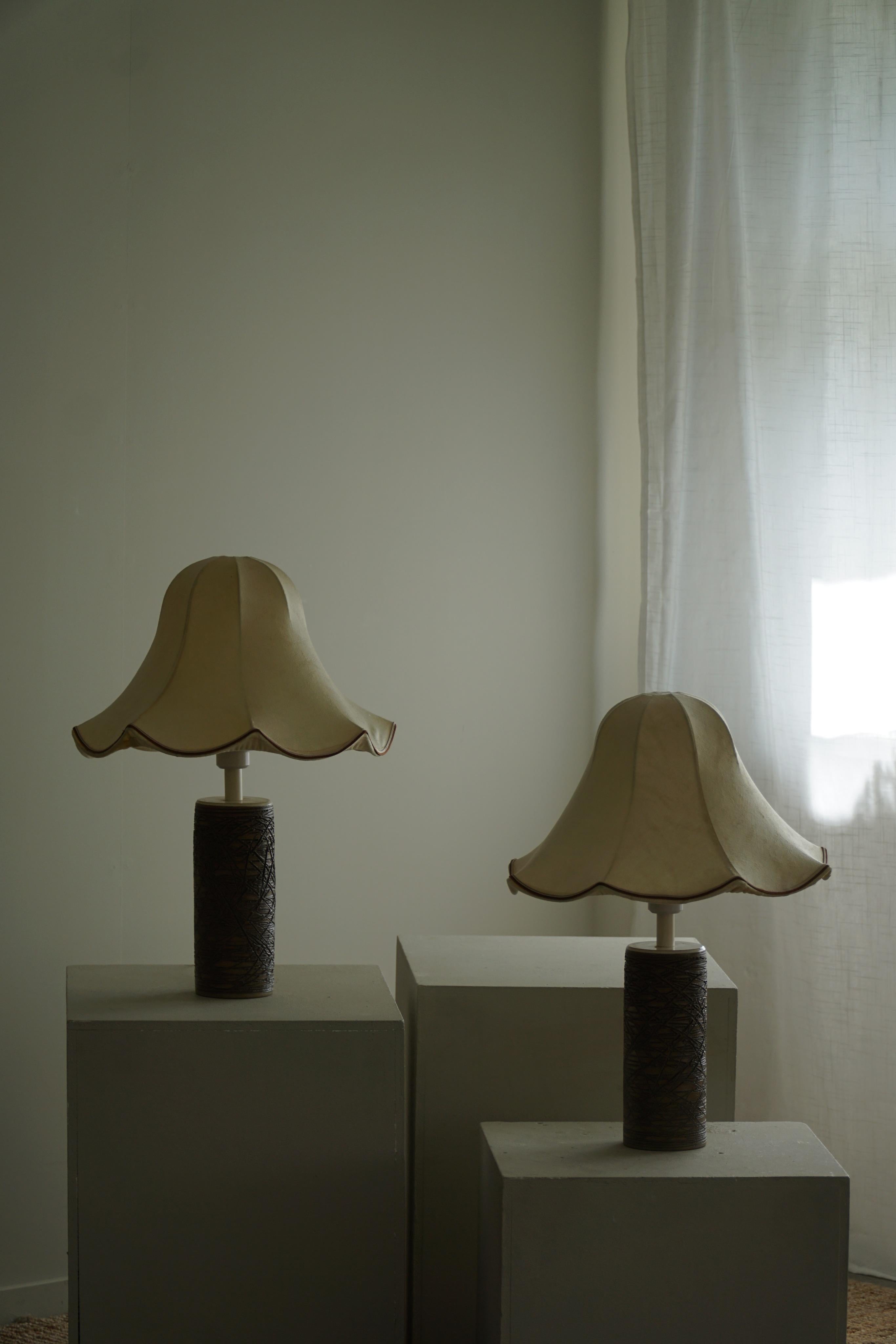 Pair of Ceramic & Silk Shade Table Lamps, Swedish Mid-Century Modern, 1960s 3