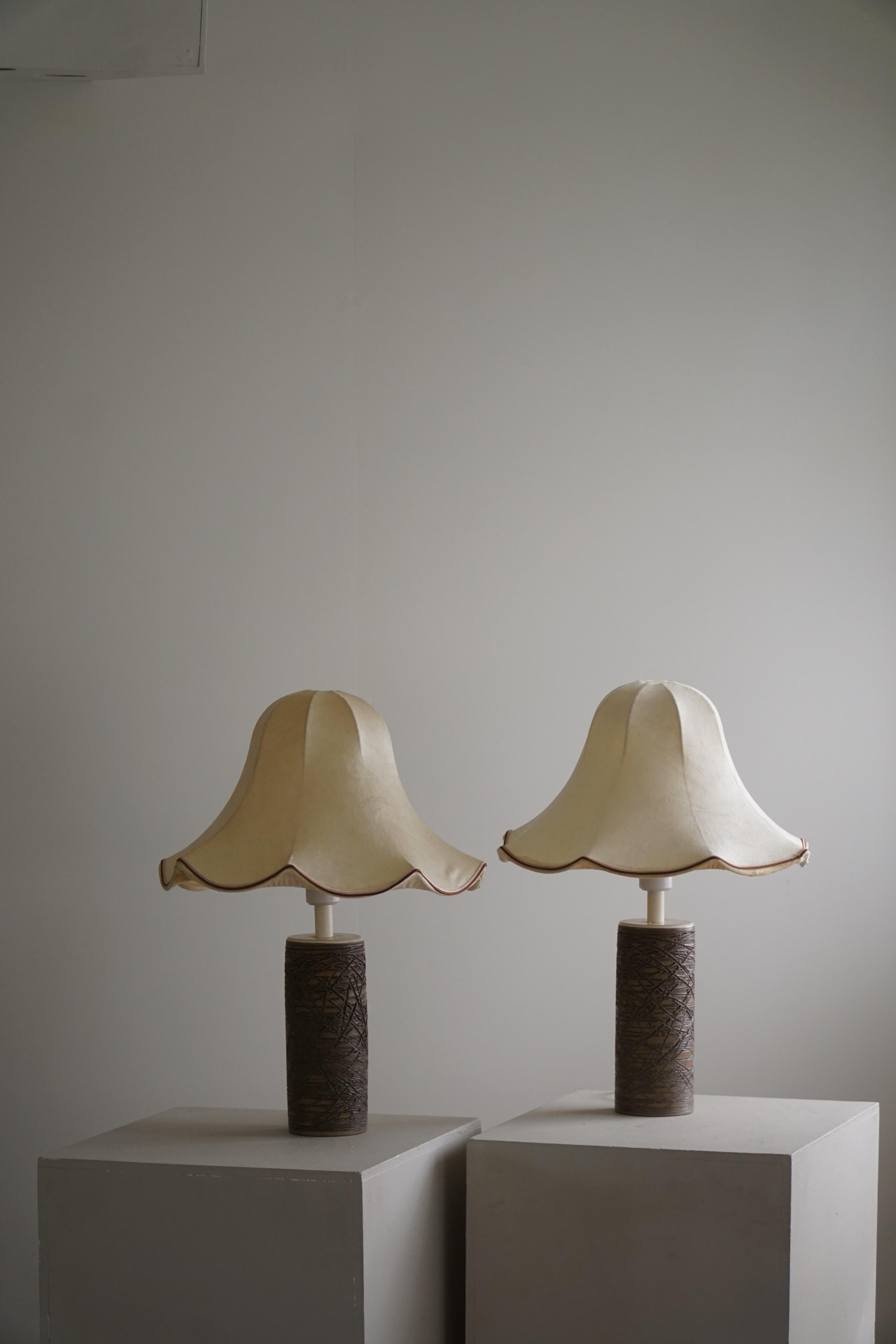 Pair of Ceramic & Silk Shade Table Lamps, Swedish Mid-Century Modern, 1960s 4