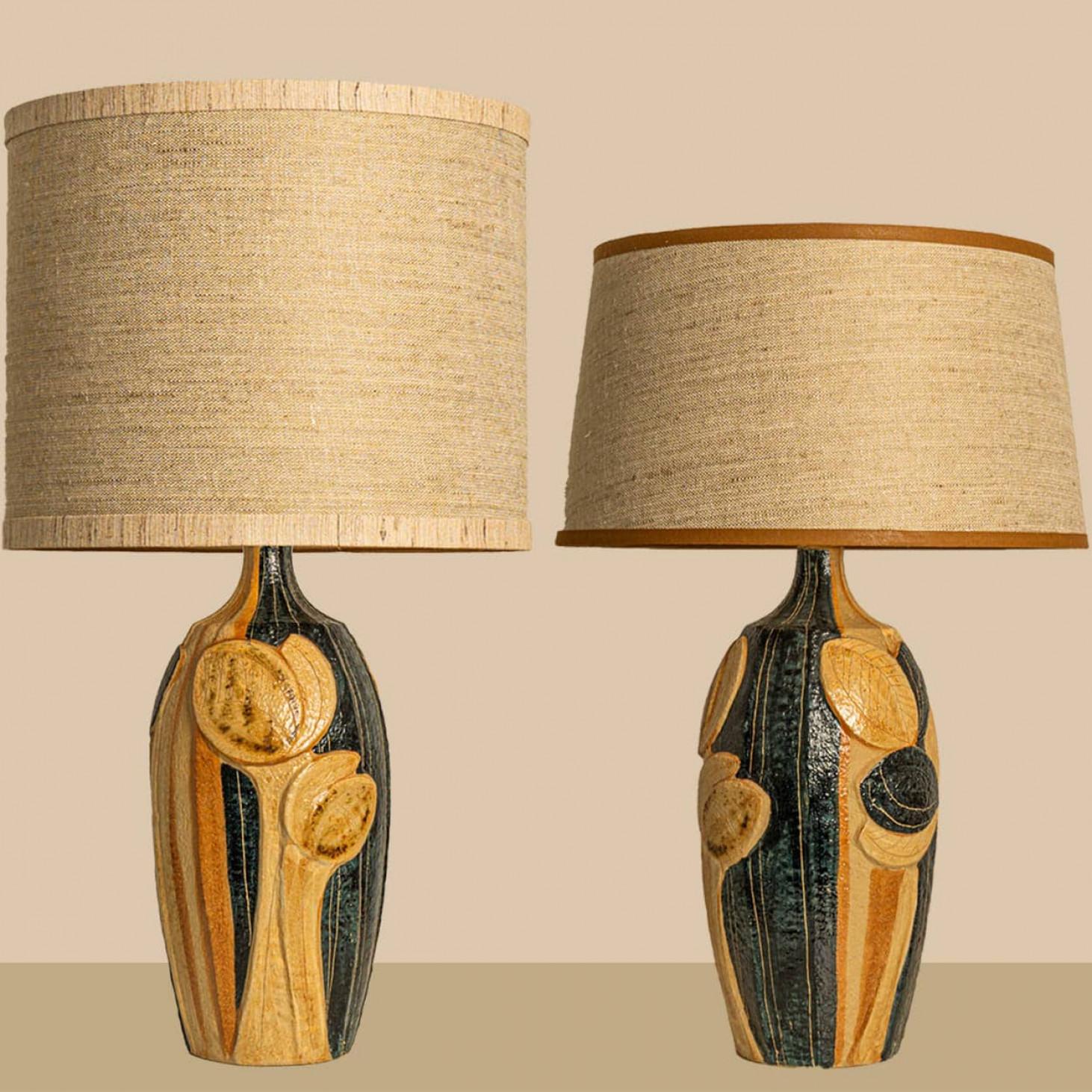 Coppia di lampade da tavolo in ceramica di Noomi Backhausen per Soholm con paralume in seta, 1960 in vendita 1