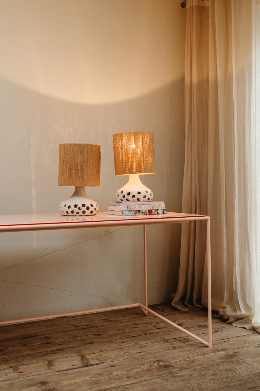 Lovely pair ceramic table lamps + lampshade, providing great shadows.