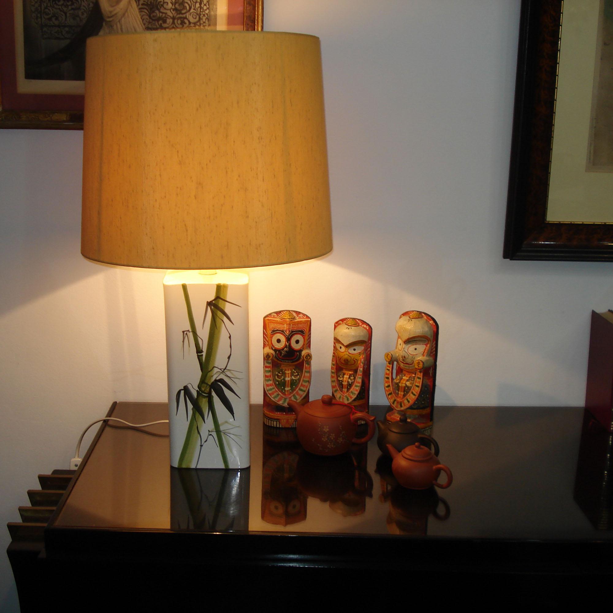 Mid-Century Modern Pair of Ceramic Table Lamps Bamboo Decor by Nordiska Kompaniet, Sweden 1960s For Sale