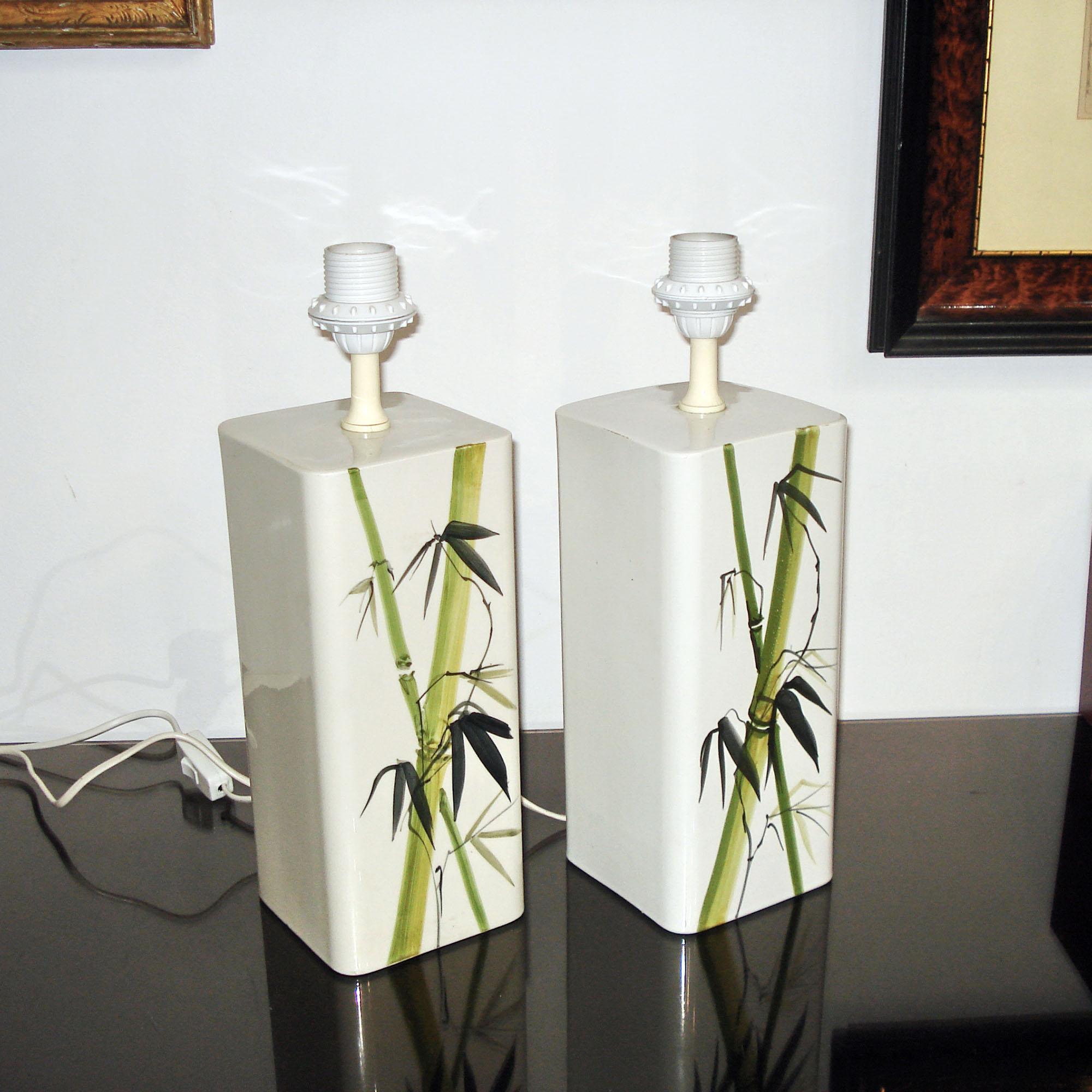 Pair of Ceramic Table Lamps Bamboo Decor by Nordiska Kompaniet, Sweden 1960s In Good Condition For Sale In Bochum, NRW