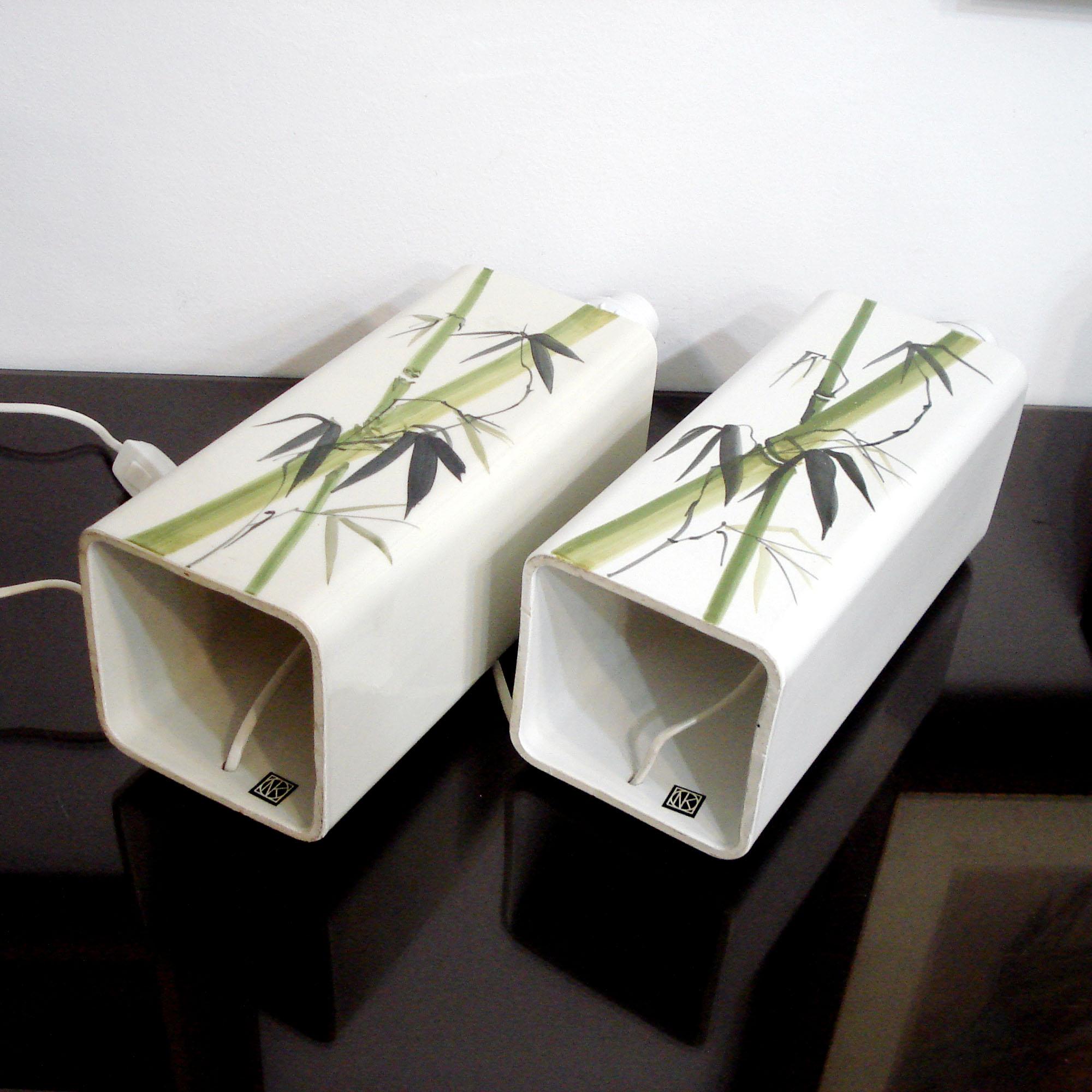 Pair of Ceramic Table Lamps Bamboo Decor by Nordiska Kompaniet, Sweden 1960s For Sale 1
