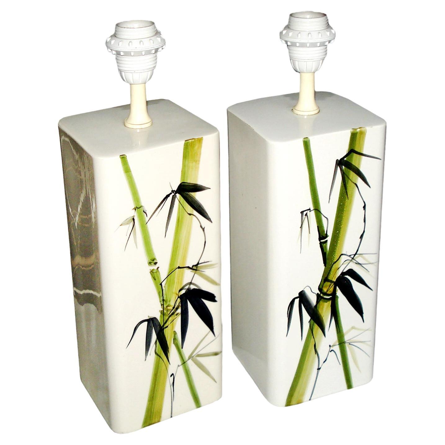 Pair of Ceramic Table Lamps Bamboo Decor by Nordiska Kompaniet, Sweden 1960s For Sale