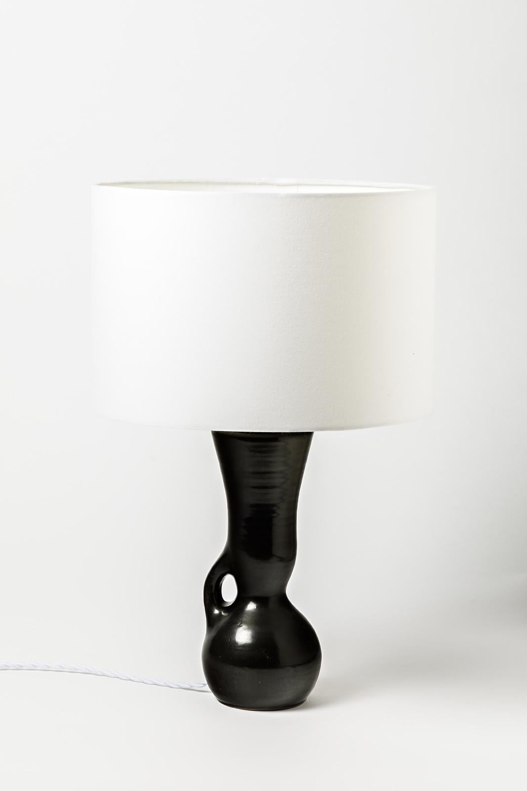 Ceramic Table Lamps Black and White Design 1950 Attributed to Pol Chambost, Pair For Sale 1