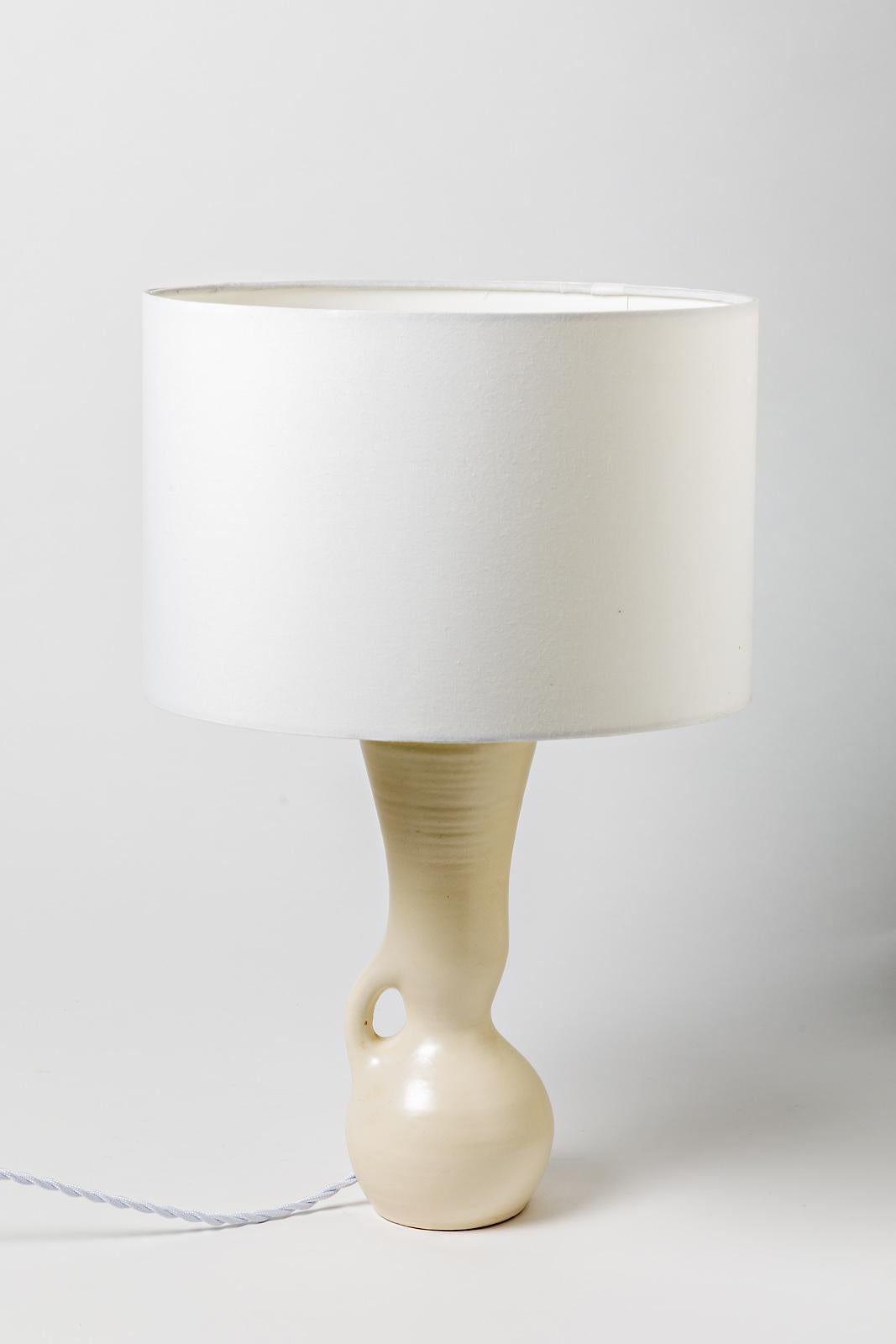 Ceramic Table Lamps Black and White Design 1950 Attributed to Pol Chambost, Pair 2