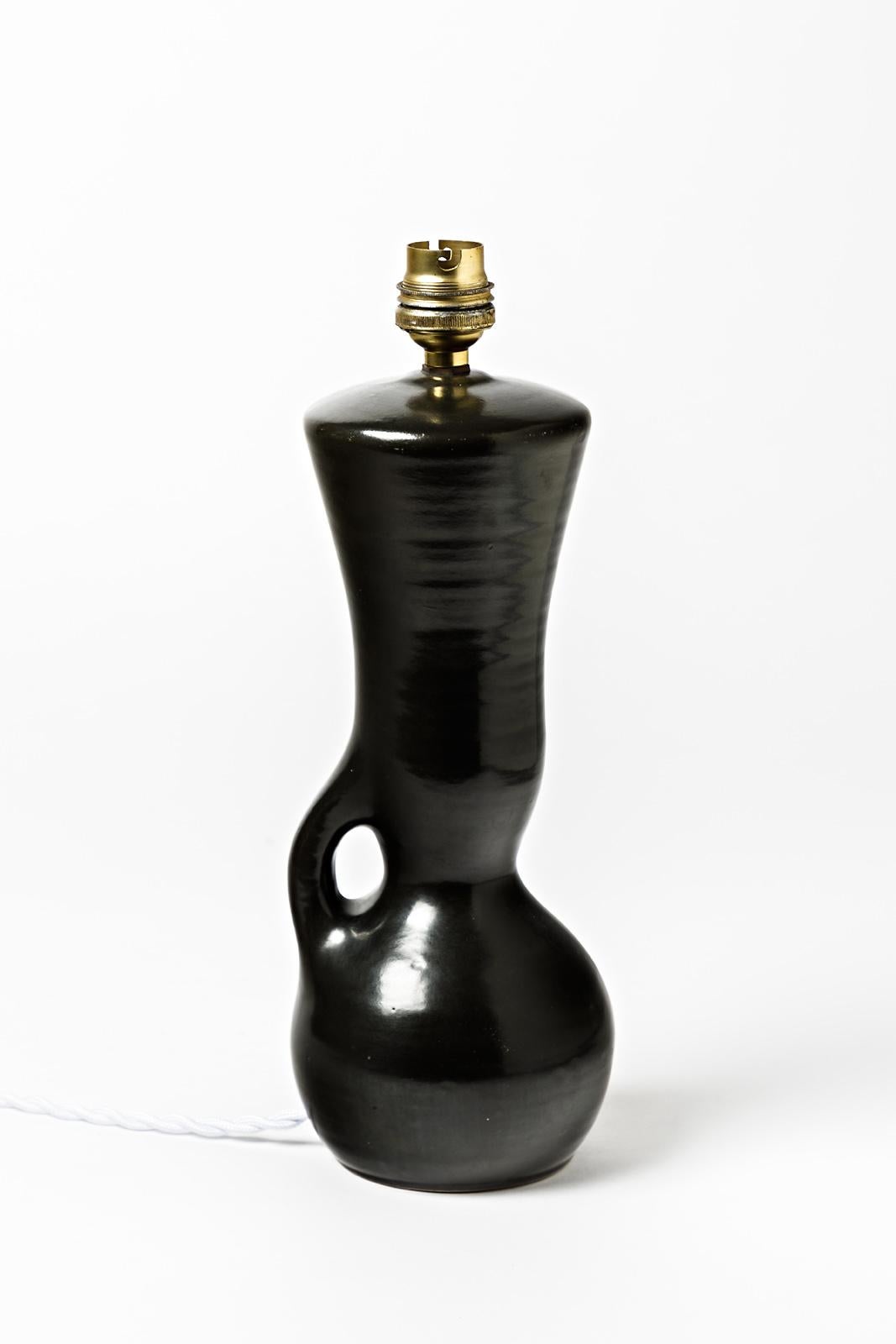 French Ceramic Table Lamps Black and White Design 1950 Attributed to Pol Chambost, Pair