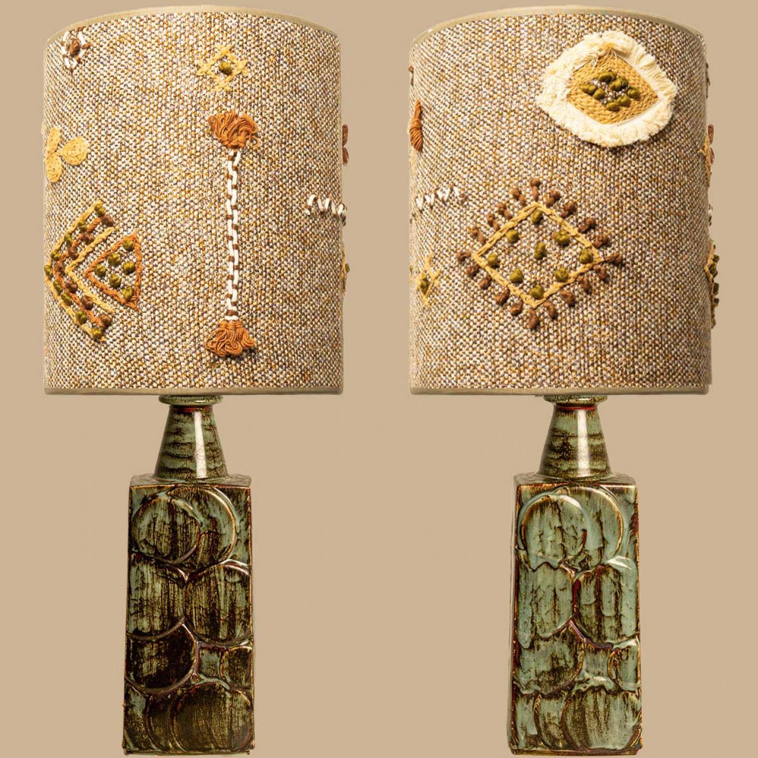 Beautiful ceramic table lamp, 2022. By Soholm, Denmark 1960s. Combined with a custom lampshade.

The green and brown ceramics and yellow colored details complement each other very well and illuminate beautifully.

Ready to use. This floor lamp