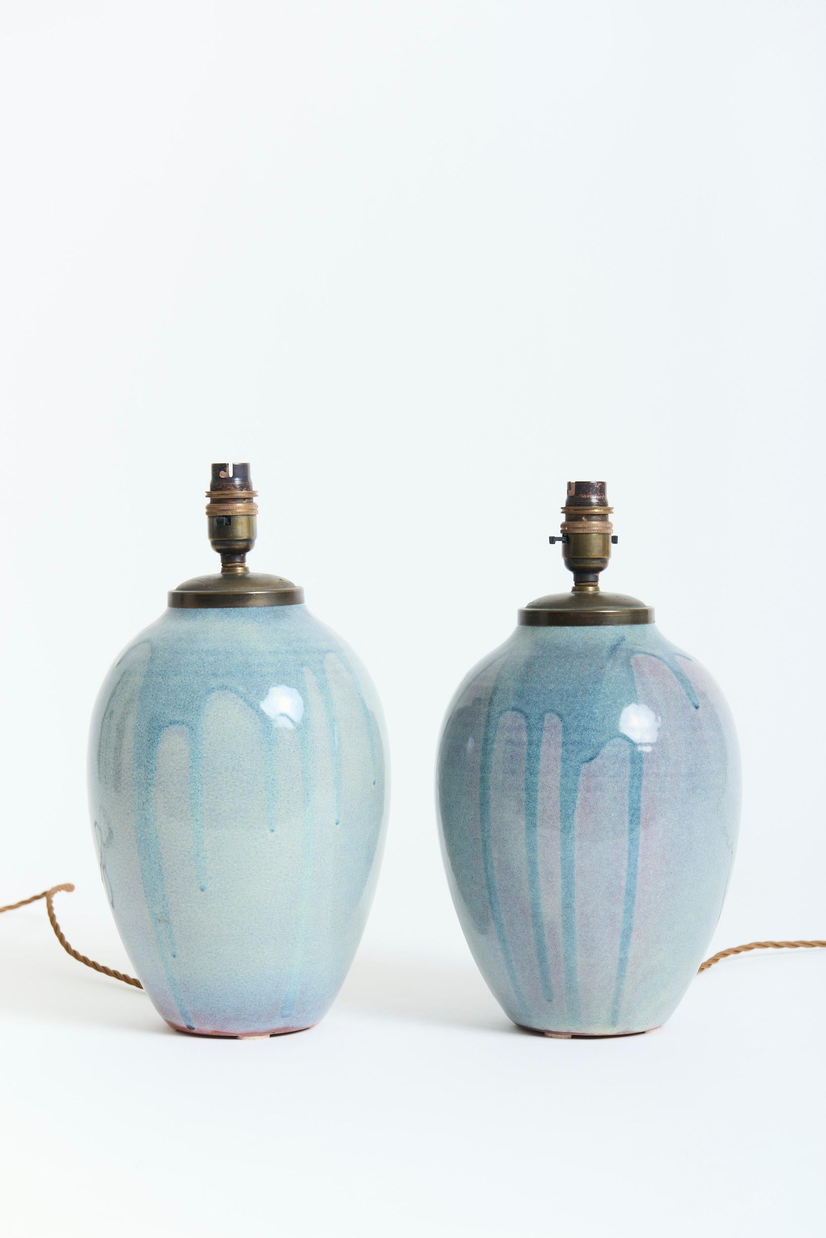Glazed Pair of Ceramic Table Lamps For Sale