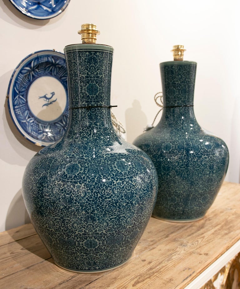 Pair of Ceramic Table Lamps from two Oriental Vases For Sale at 1stDibs