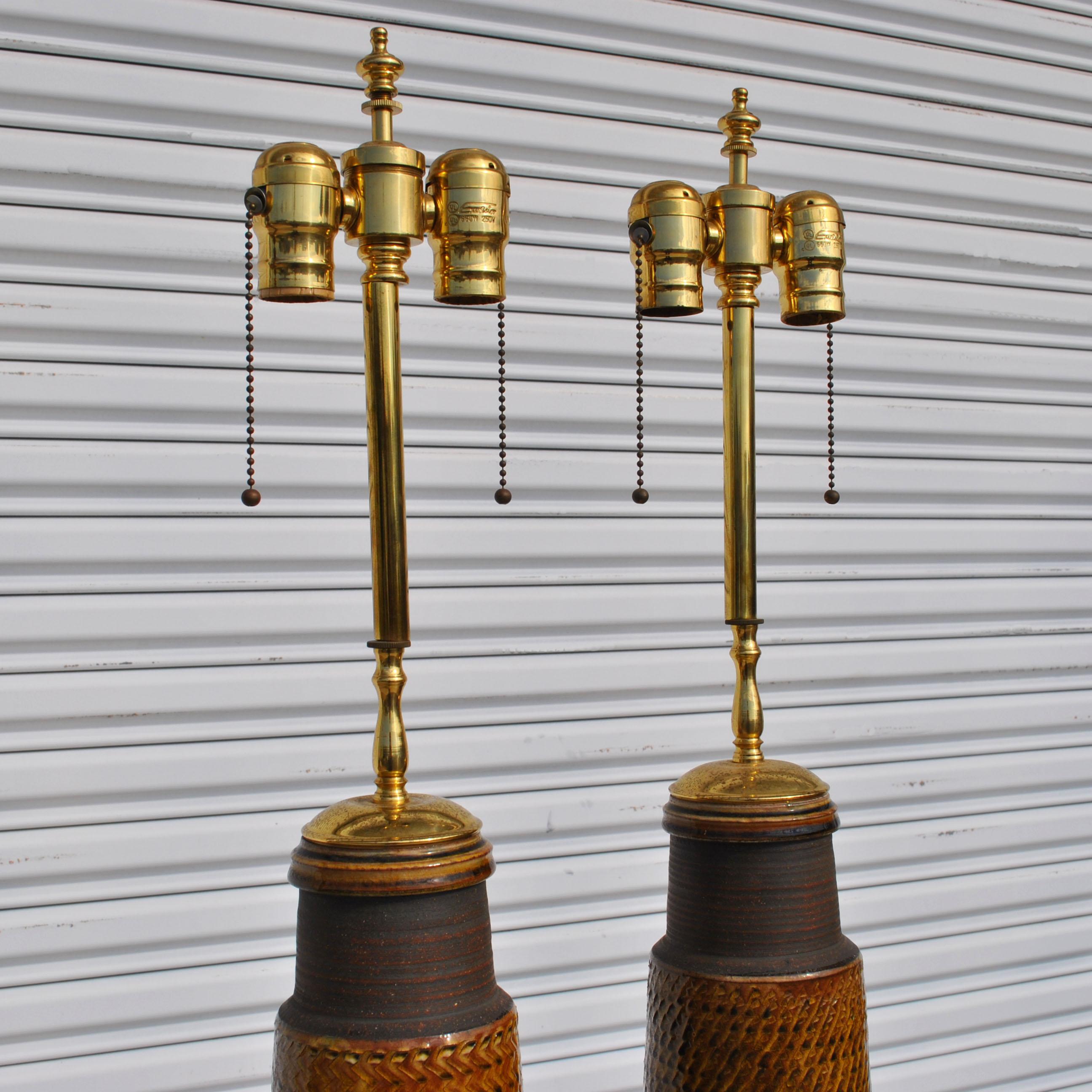 American Pair of Ceramic Table Lamps in a Woven Motif