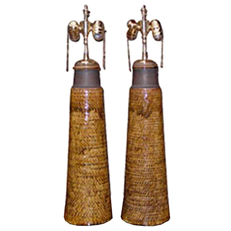 Pair of Ceramic Table Lamps in a Woven Motif