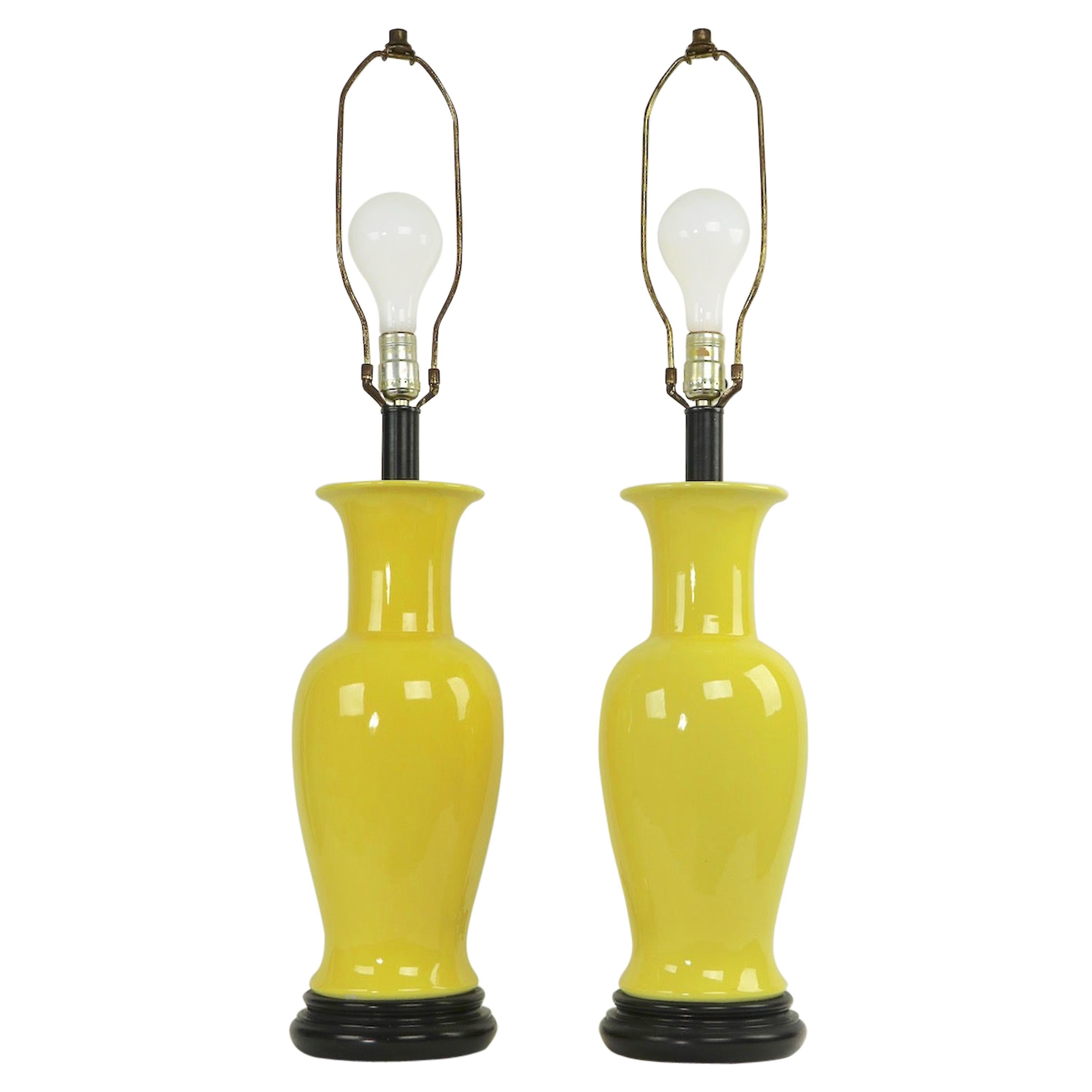 Pair of Ceramic Table Lamps in Bright Yellow Glaze Attributed to Warren Kessler For Sale