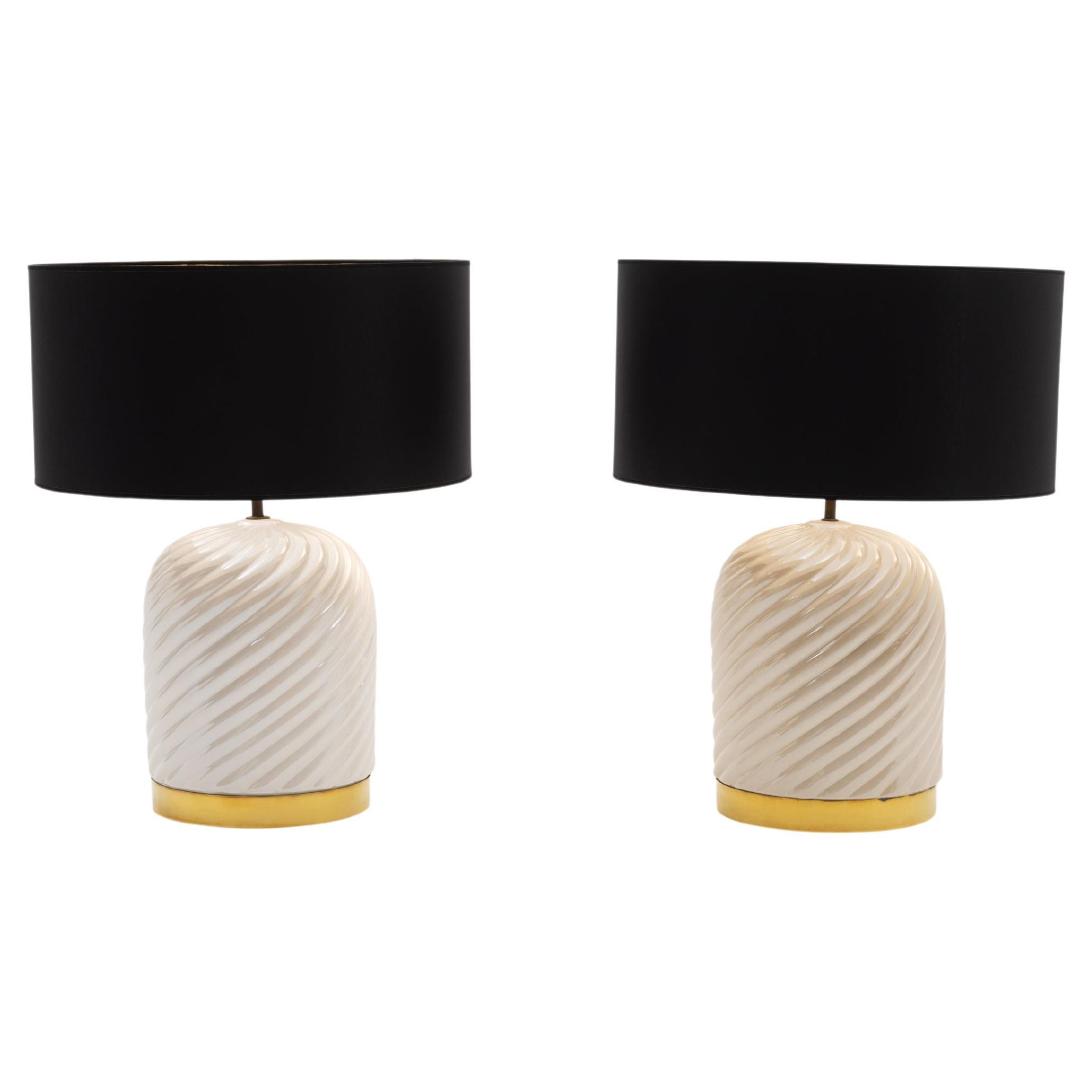 Pair of Ceramic Table Lamps with Brass Detailing by Tommaso Barbi, circa 1970 For Sale