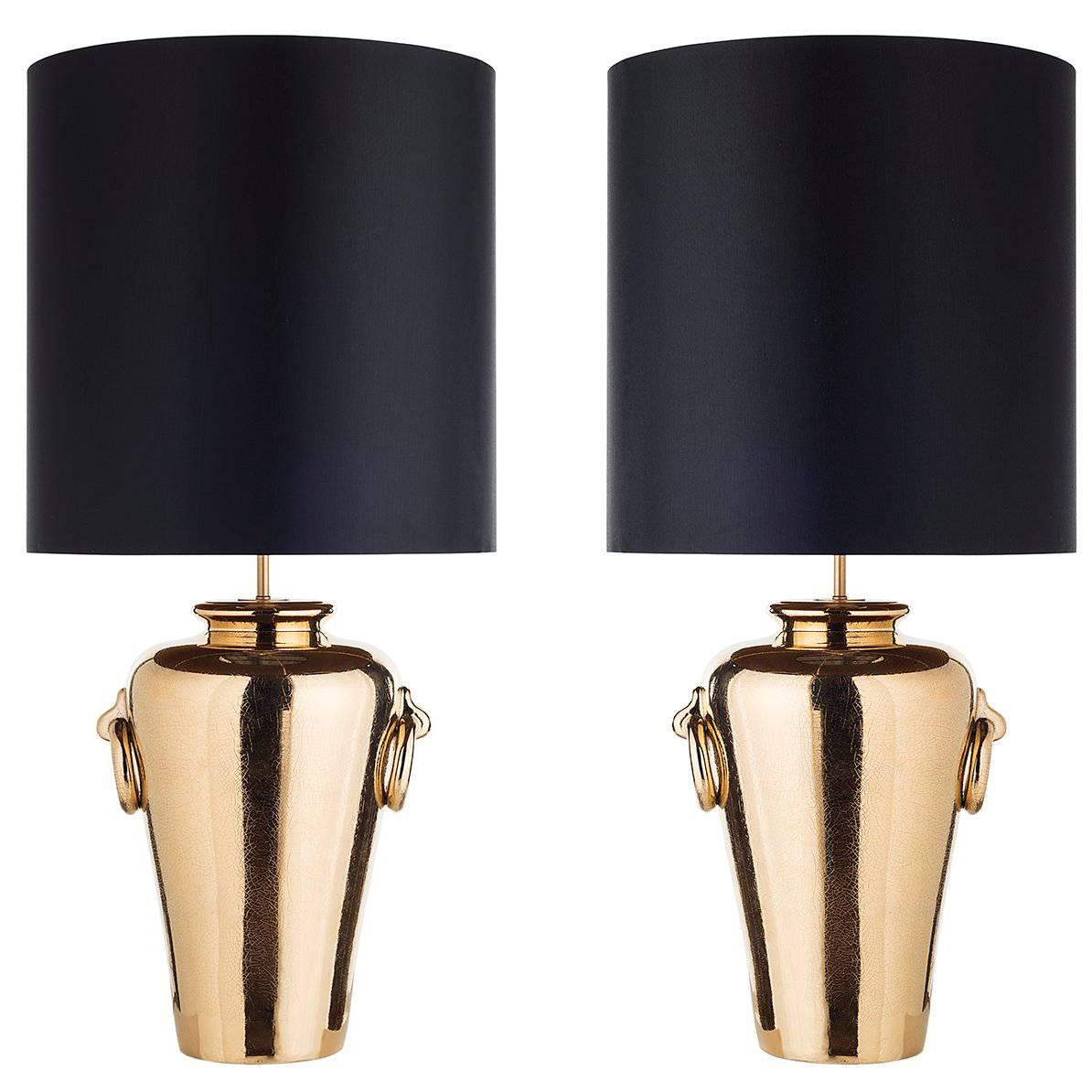 Pair of Ceramic Table Lamps with Decorative Rings For Sale at 1stDibs
