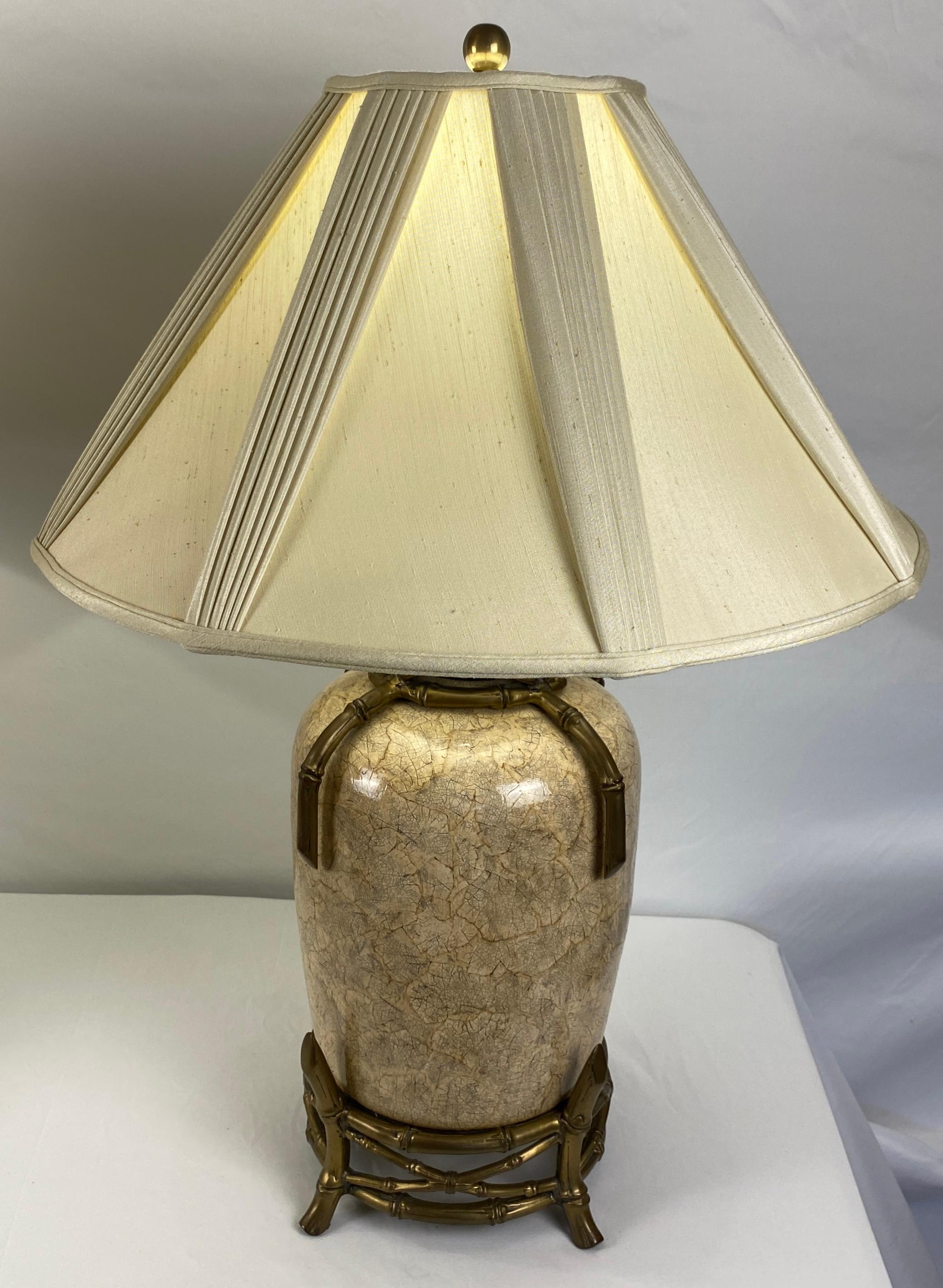 Pair of Ceramic Table Lamps with Faux Bamboo Brass Details 3
