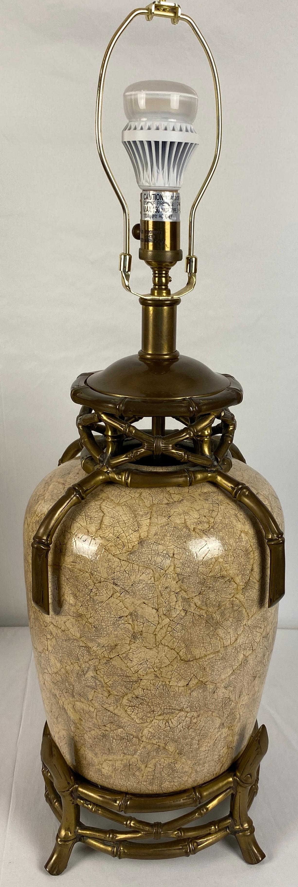 American Pair of Ceramic Table Lamps with Faux Bamboo Brass Details