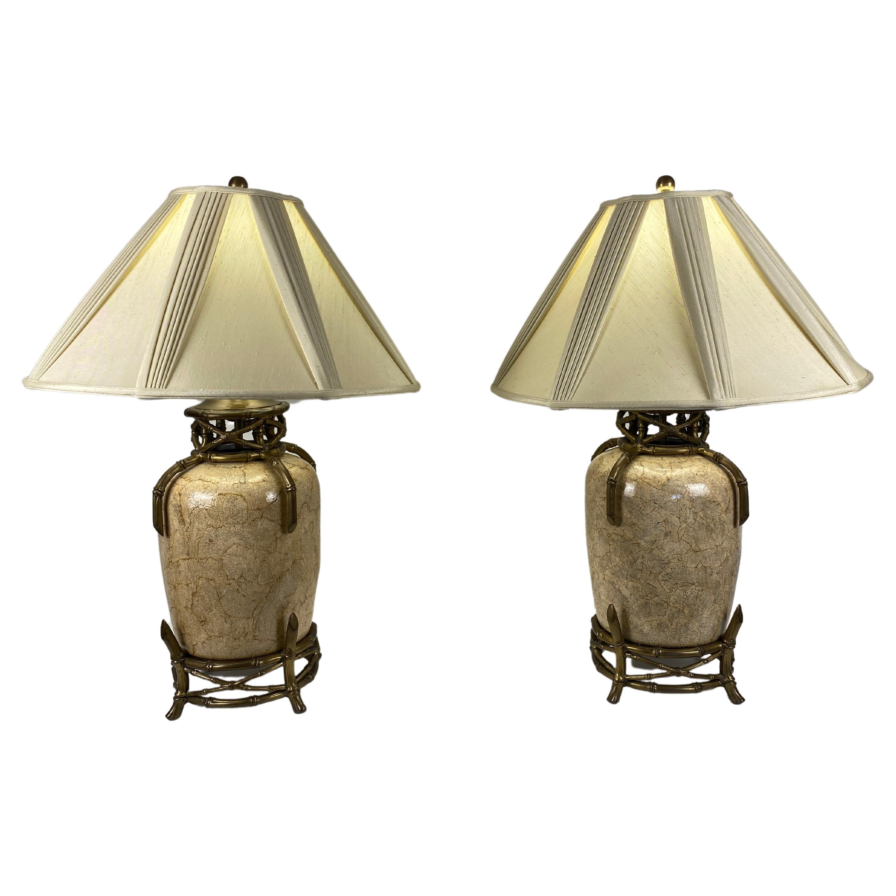 Pair of Ceramic Table Lamps with Faux Bamboo Brass Details
