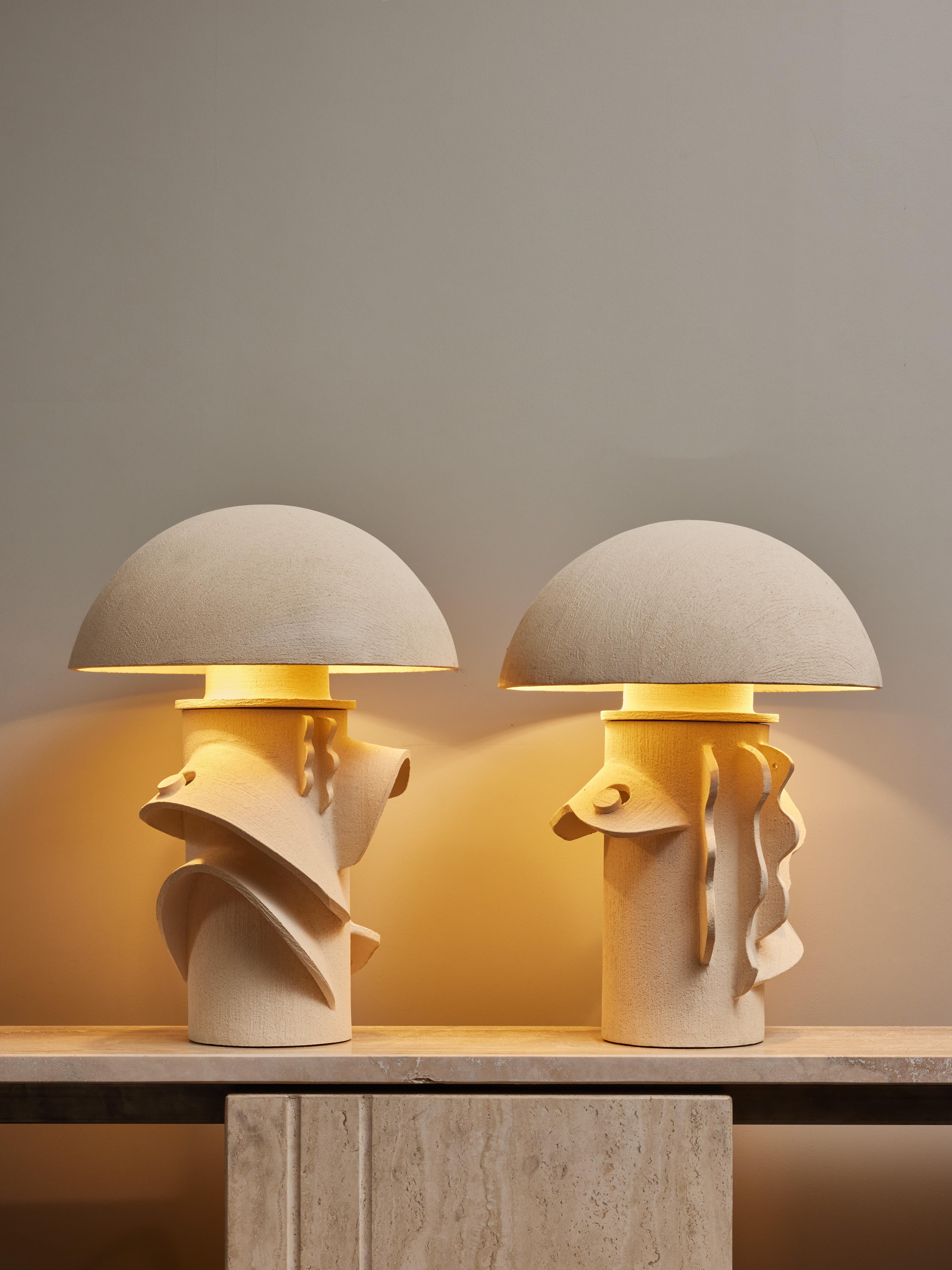 Modern Pair of Ceramic Table Lamps with Shades by Olivia Cognet For Sale