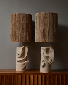 Pair of Ceramic Table Lamps with Wicker Shades by Olivia Cognet