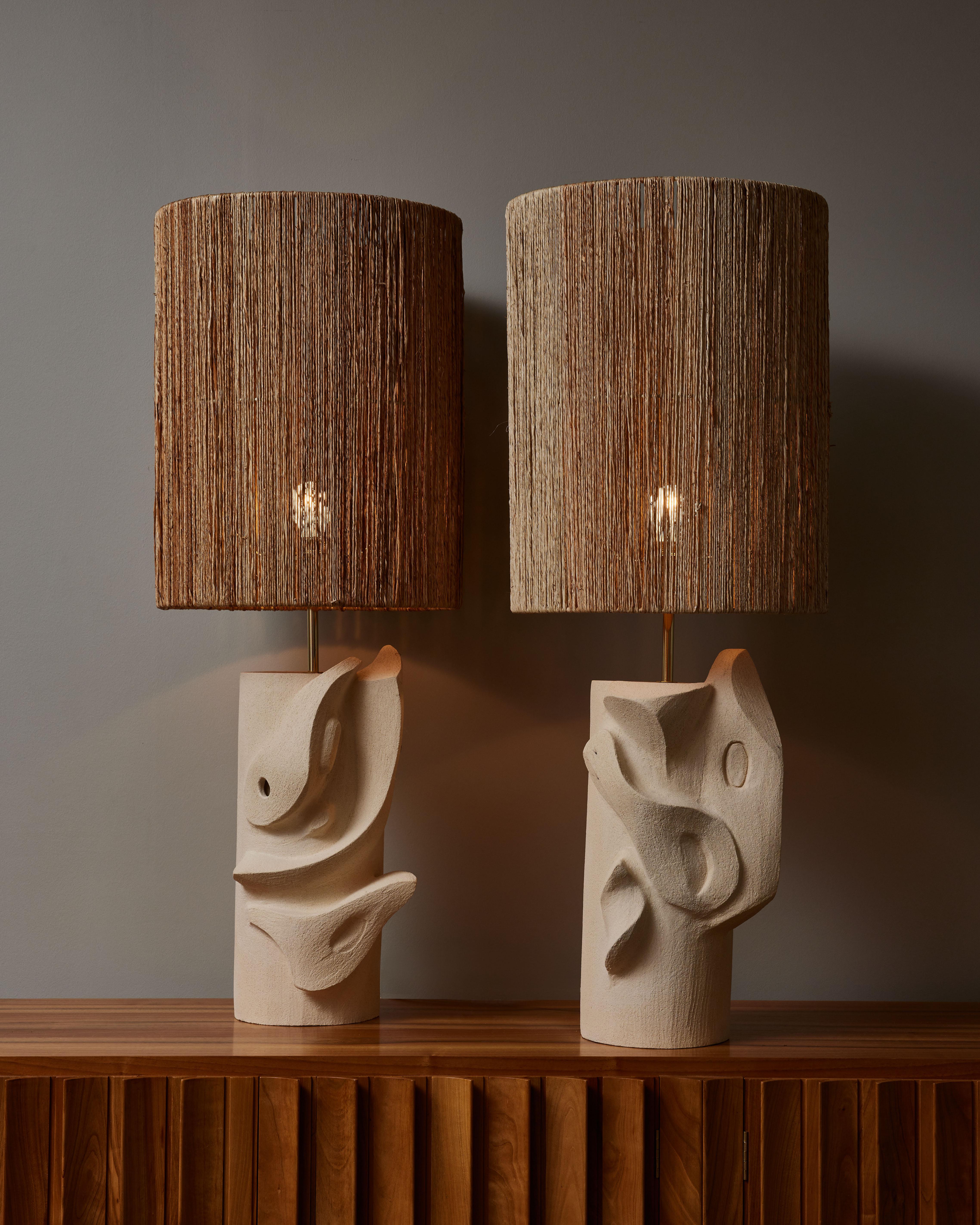 Modern Pair of Ceramic Table Lamps with Wicker Shades by Olivia Cognet