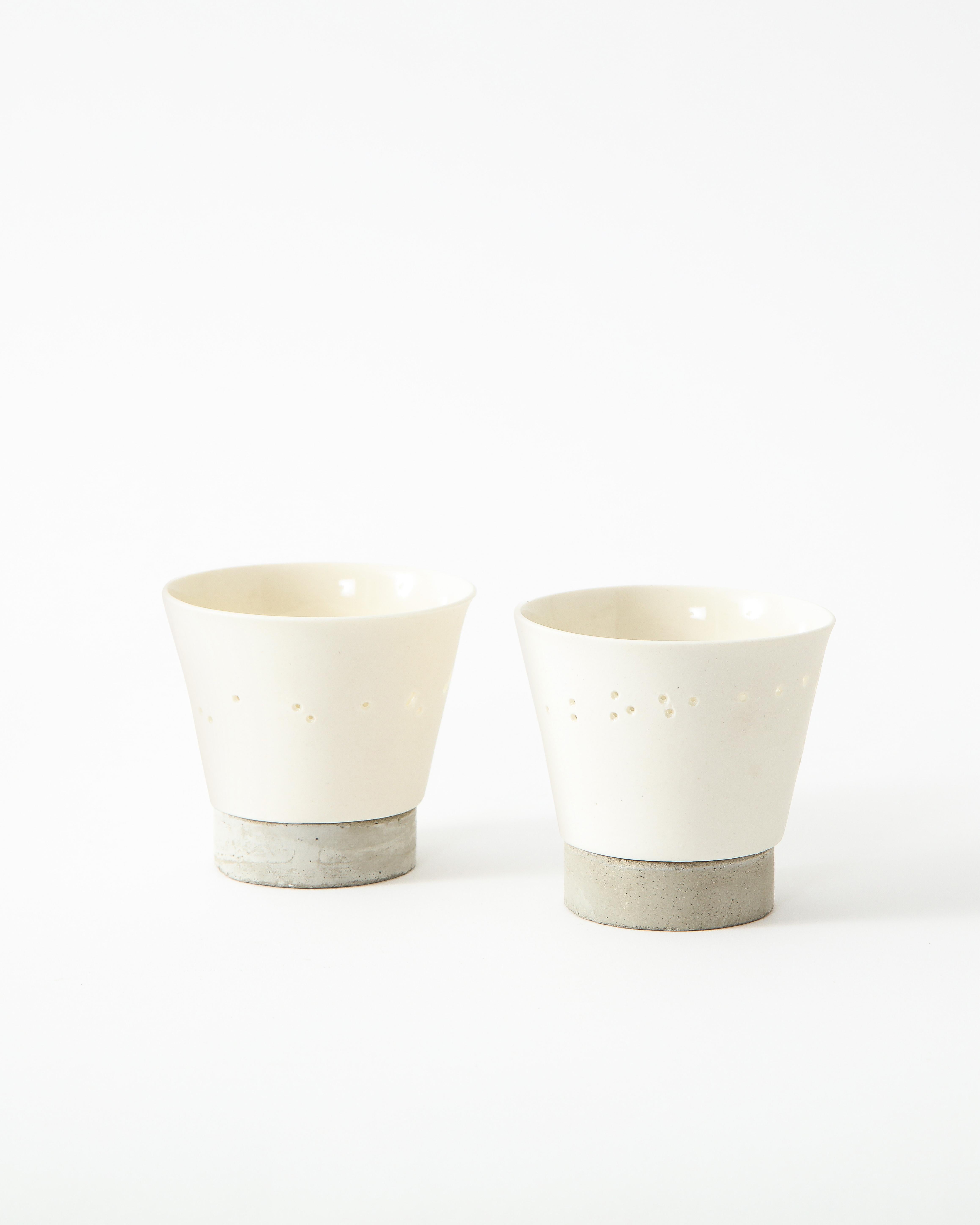 Organic Modern Pair of Ceramic Tea Candle Cups with Concrete Base For Sale